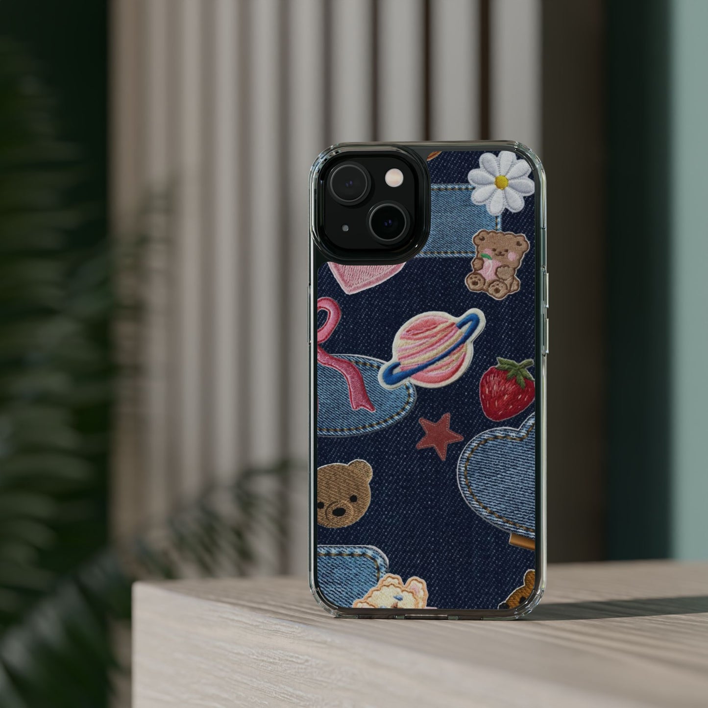 Clear Impact-Resistant Phone Case — Cute Denim Patch Collage (Teddy, Strawberry, Planet)