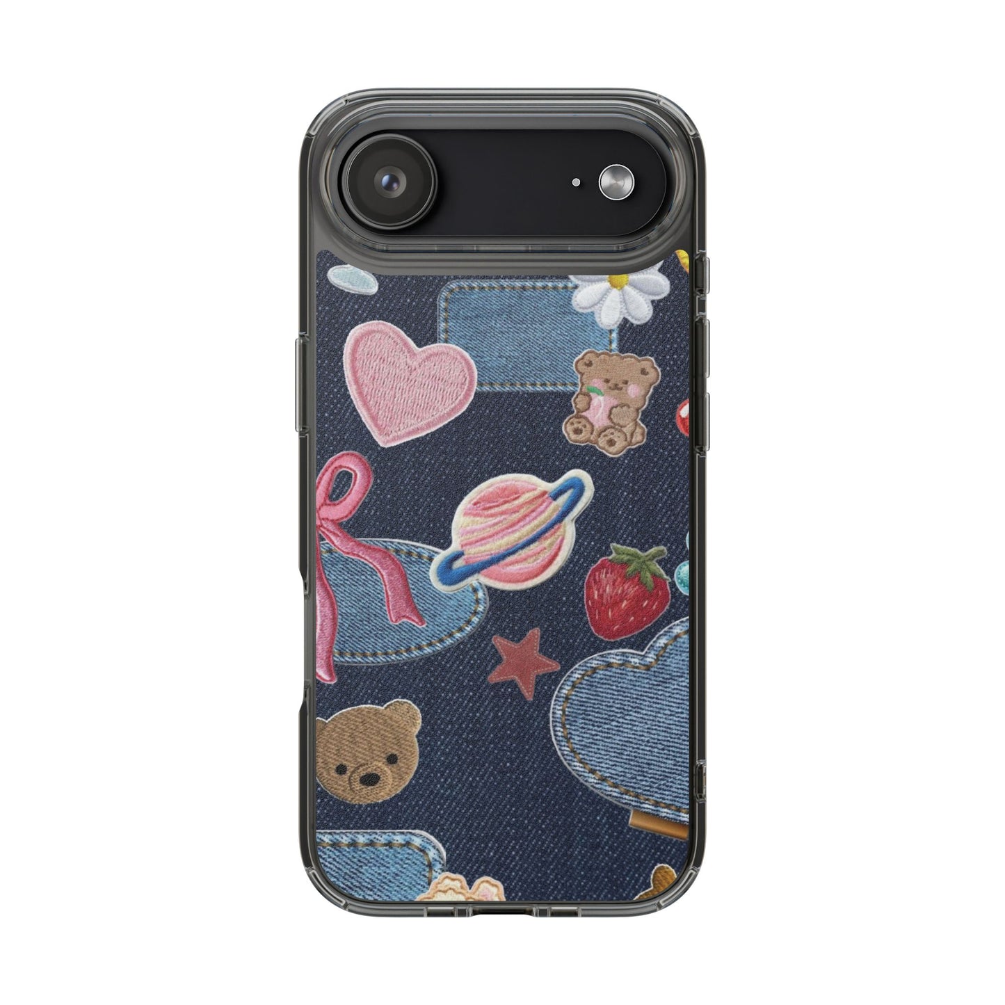 Clear Impact-Resistant Phone Case — Cute Denim Patch Collage (Teddy, Strawberry, Planet)