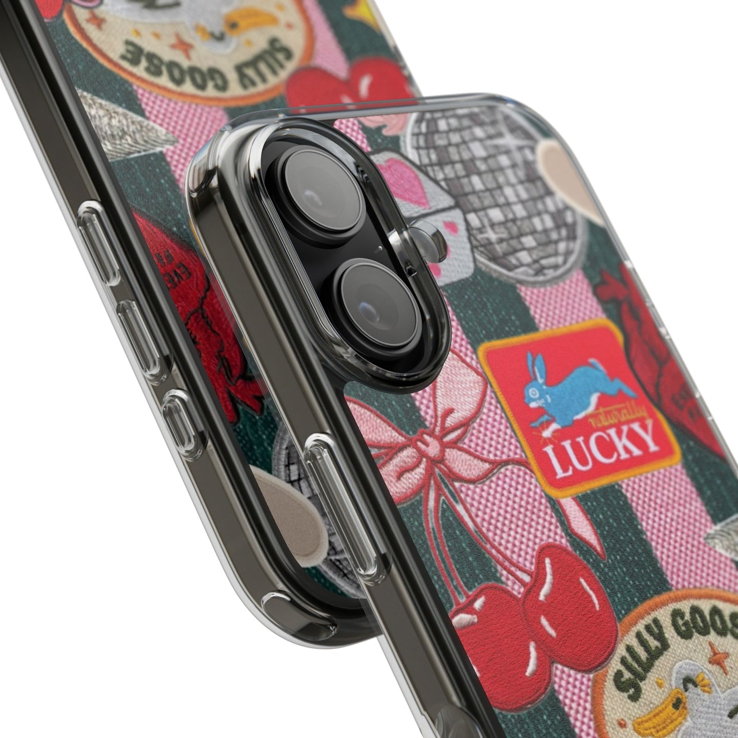 Clear Impact-Resistant Phone Case — Retro Patchwork Stickers (Lucky, Cherries, Silly Goose)