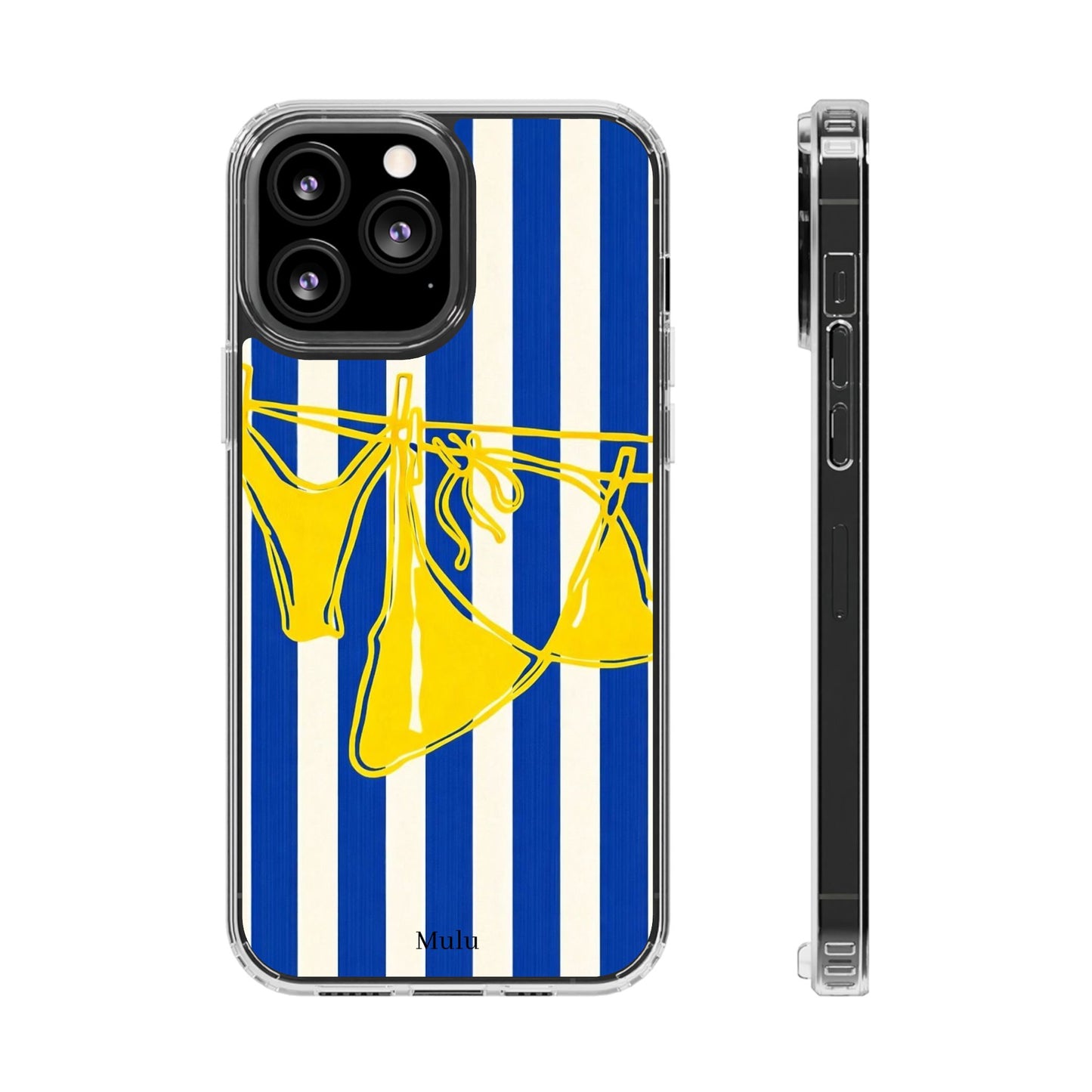 Striped Beach Bikini Phone Case — Yellow Swimwear on Blue & White Stripes, Clear Impact-Resistant