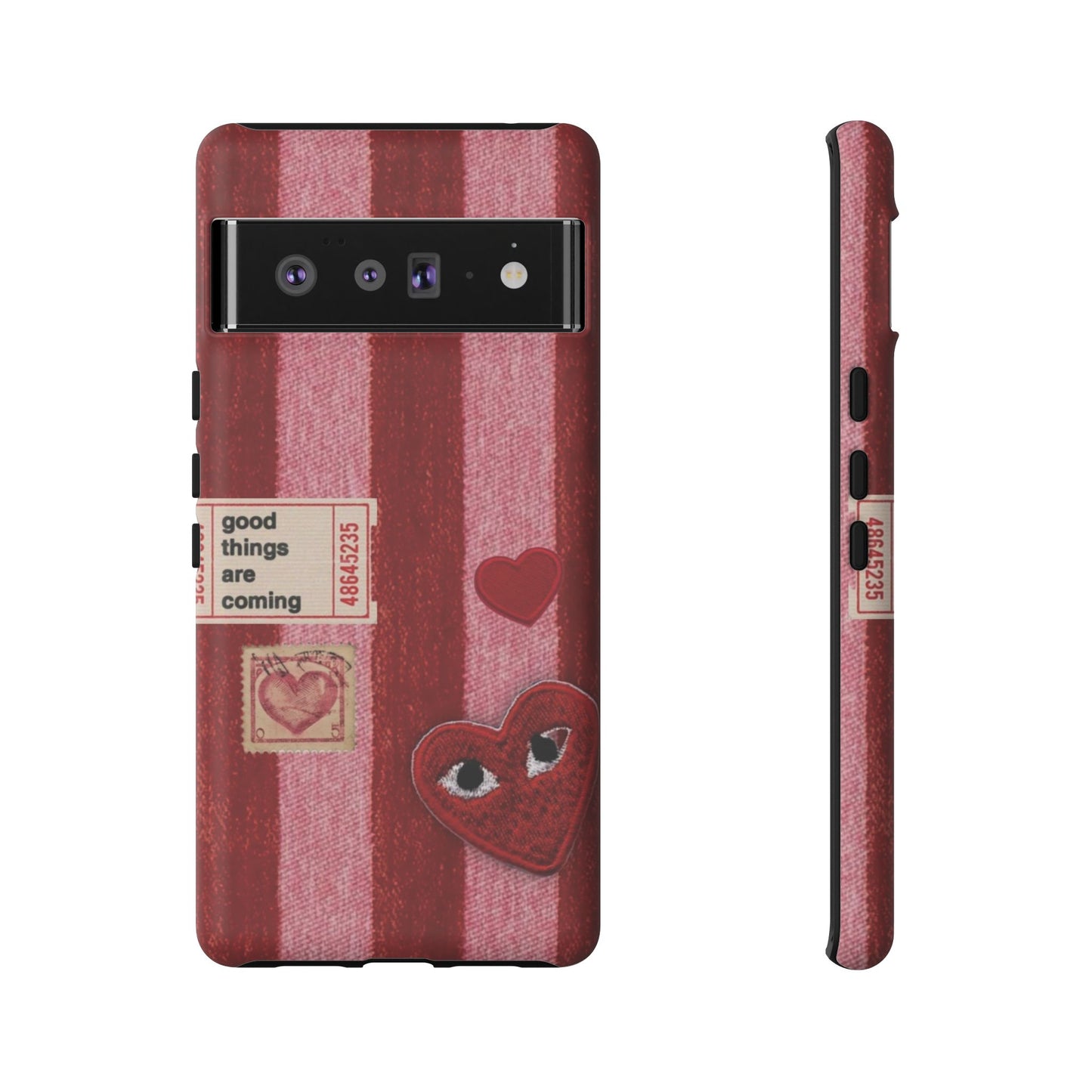 Phone Case — Red Striped Heart Design with “Good Things Are Coming”