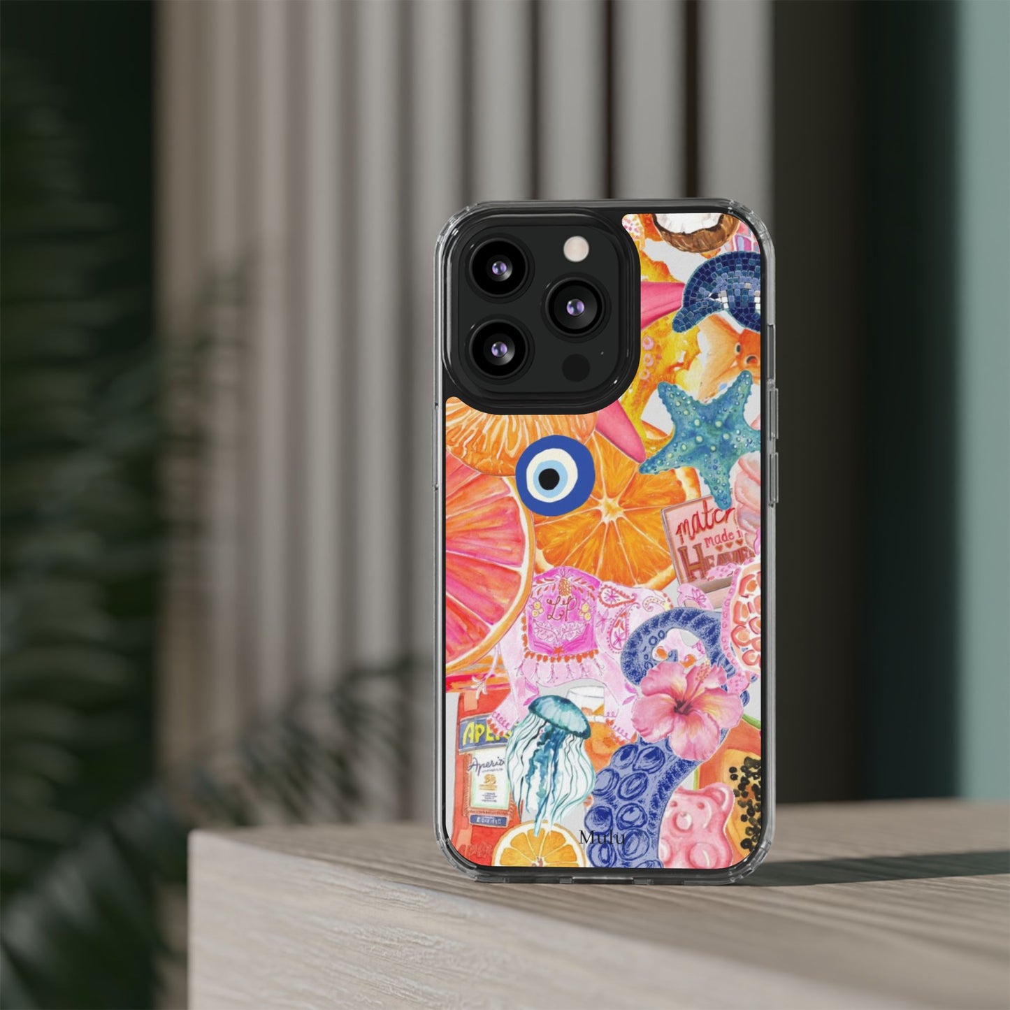 Clear Impact-Resistant Phone Case — Colorful Tropical Collage Design