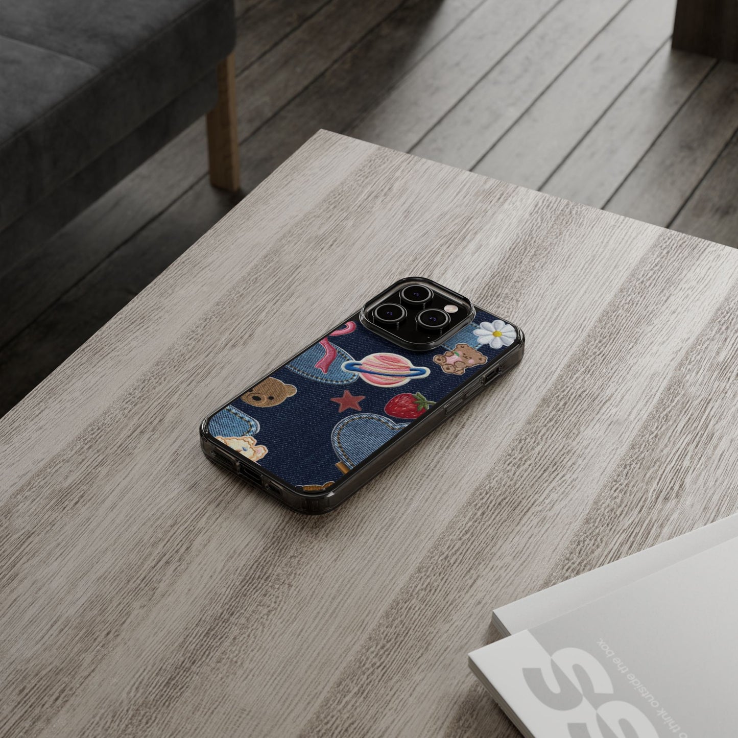 Clear Impact-Resistant Phone Case — Cute Denim Patch Collage (Teddy, Strawberry, Planet)