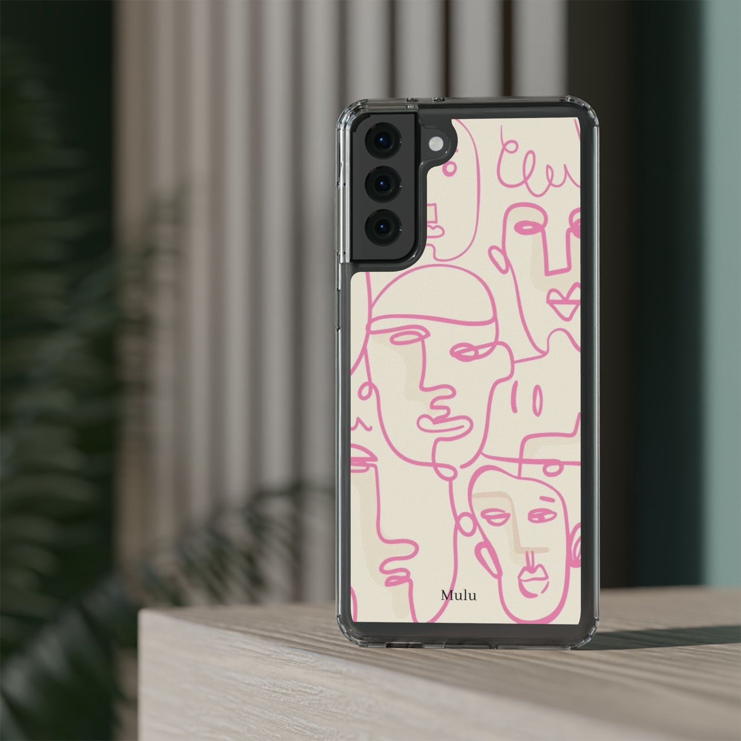 Clear Impact-Resistant Phone Case — Pink Minimalist Line Faces Design