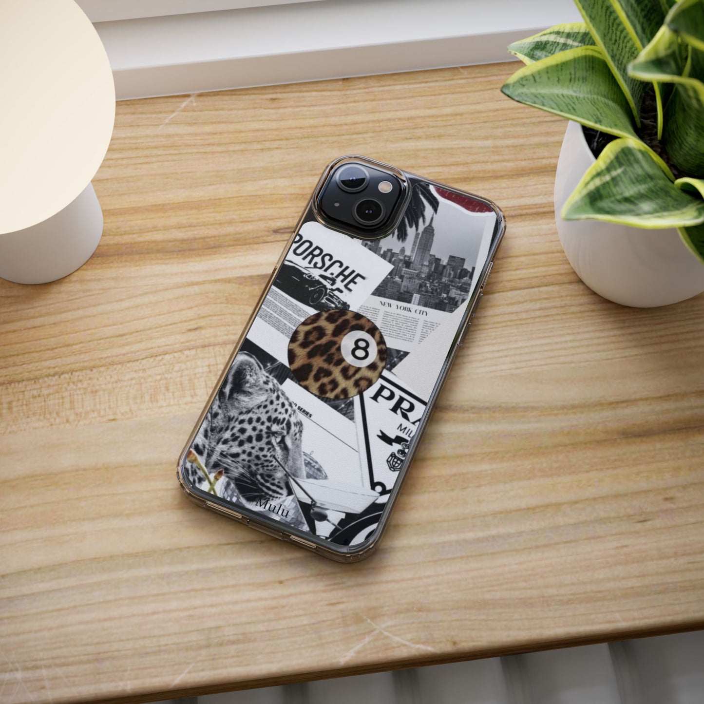 Clear Impact-Resistant Phone Case — Collage Luxury Leopard & Vintage Car Design