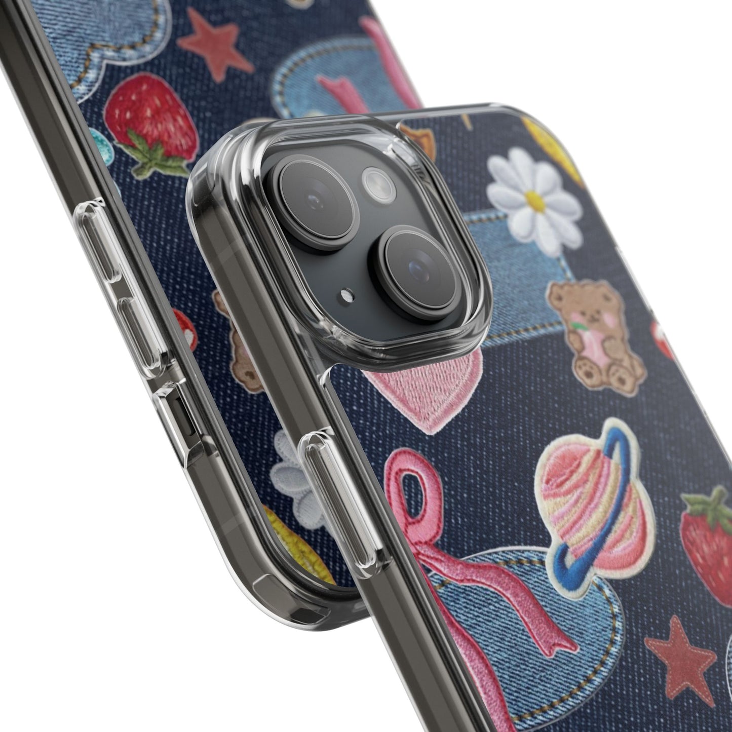 Clear Impact-Resistant Phone Case — Cute Denim Patch Collage (Teddy, Strawberry, Planet)