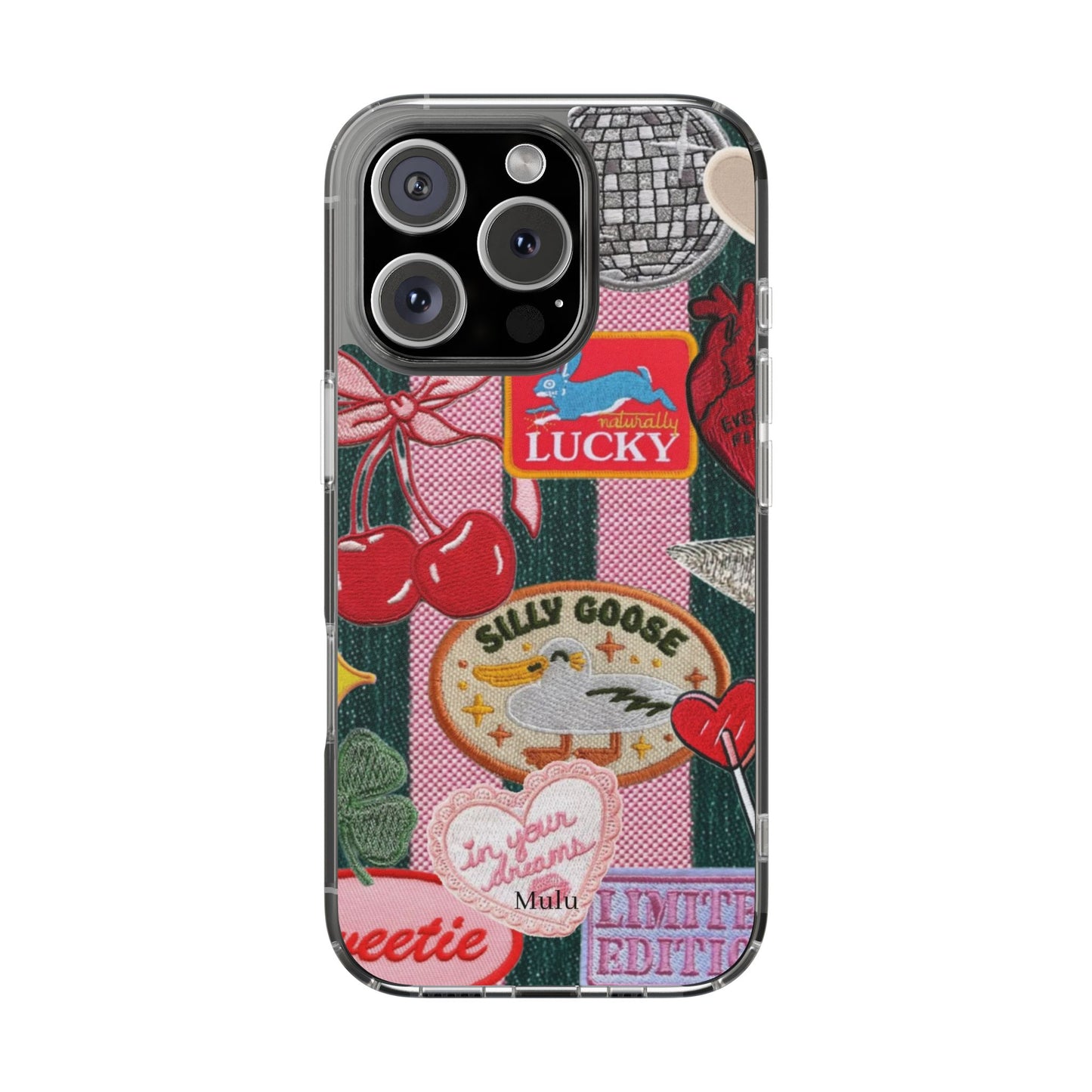 Clear Impact-Resistant Phone Case — Retro Patchwork Stickers (Lucky, Cherries, Silly Goose)