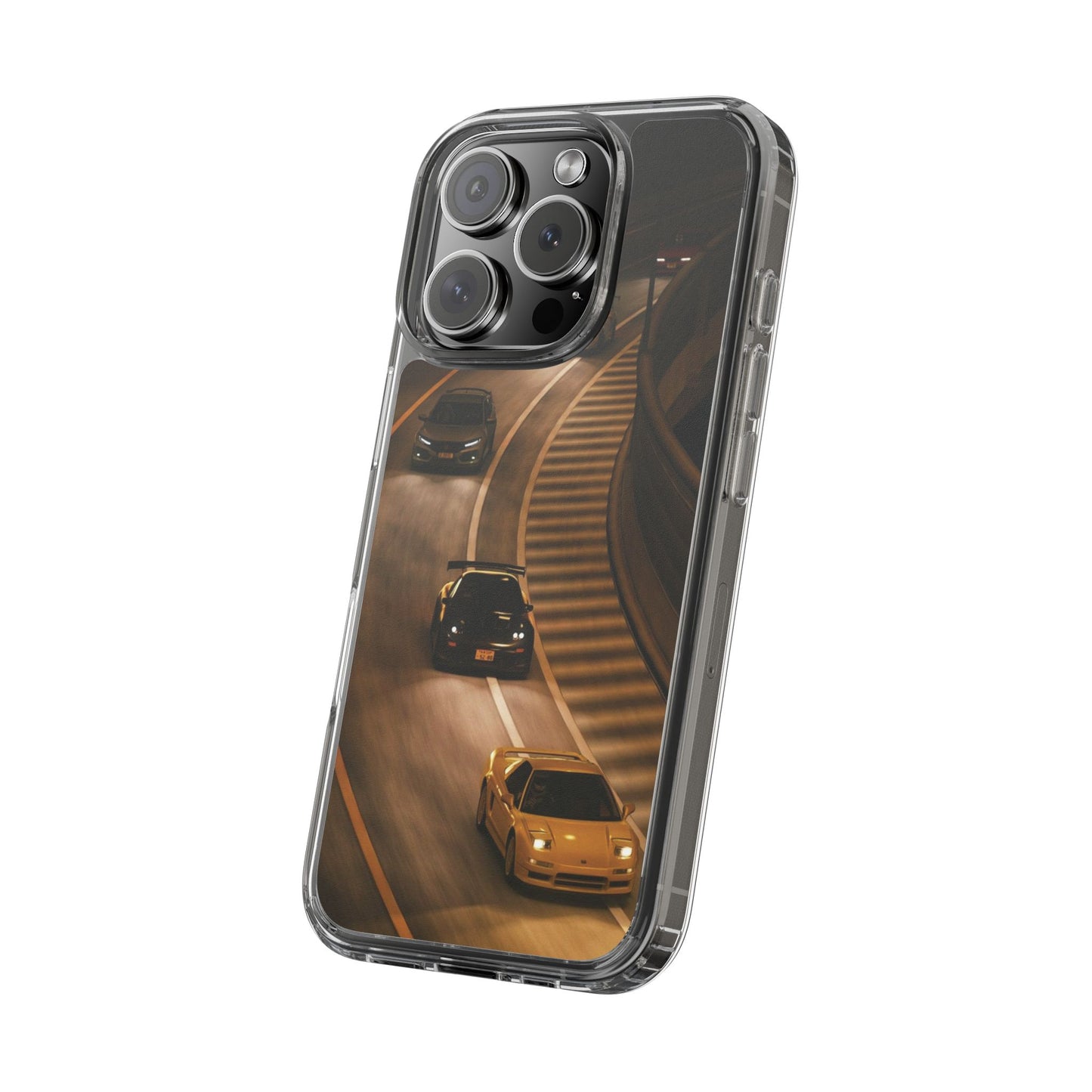 Racing Night Clear Phone Case – Sports Cars on Curved Highway