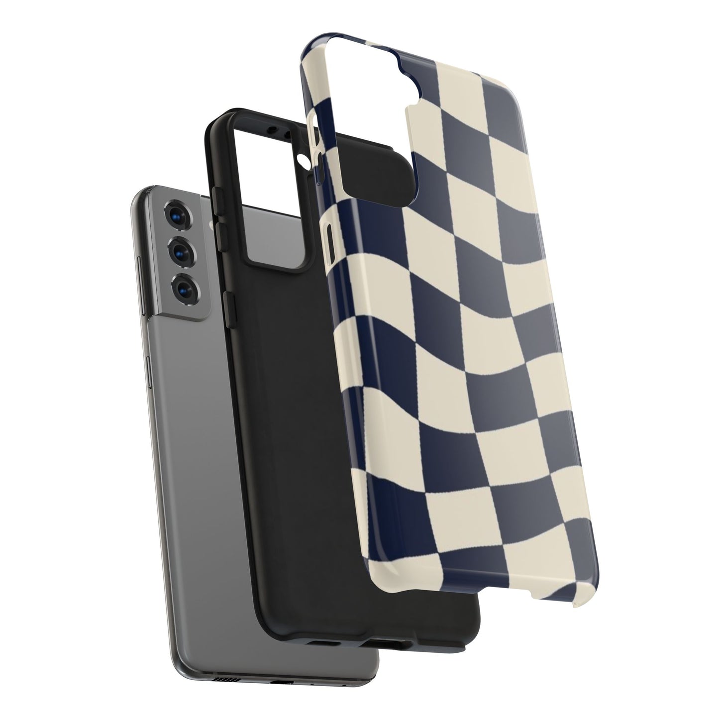 Wavy Checkerboard Tough Phone Case — Navy & Cream Protective Cover