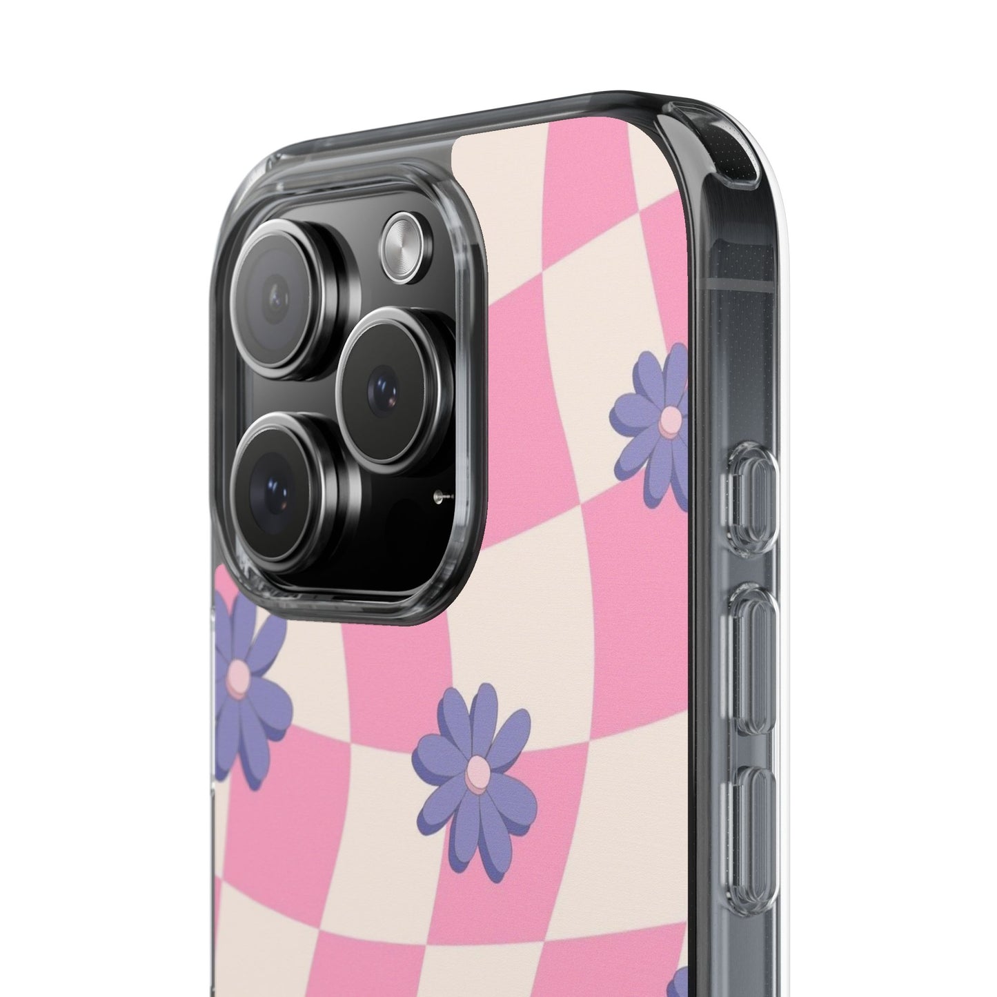 Clear Impact Phone Case — Pink Checkerboard with Purple Flowers