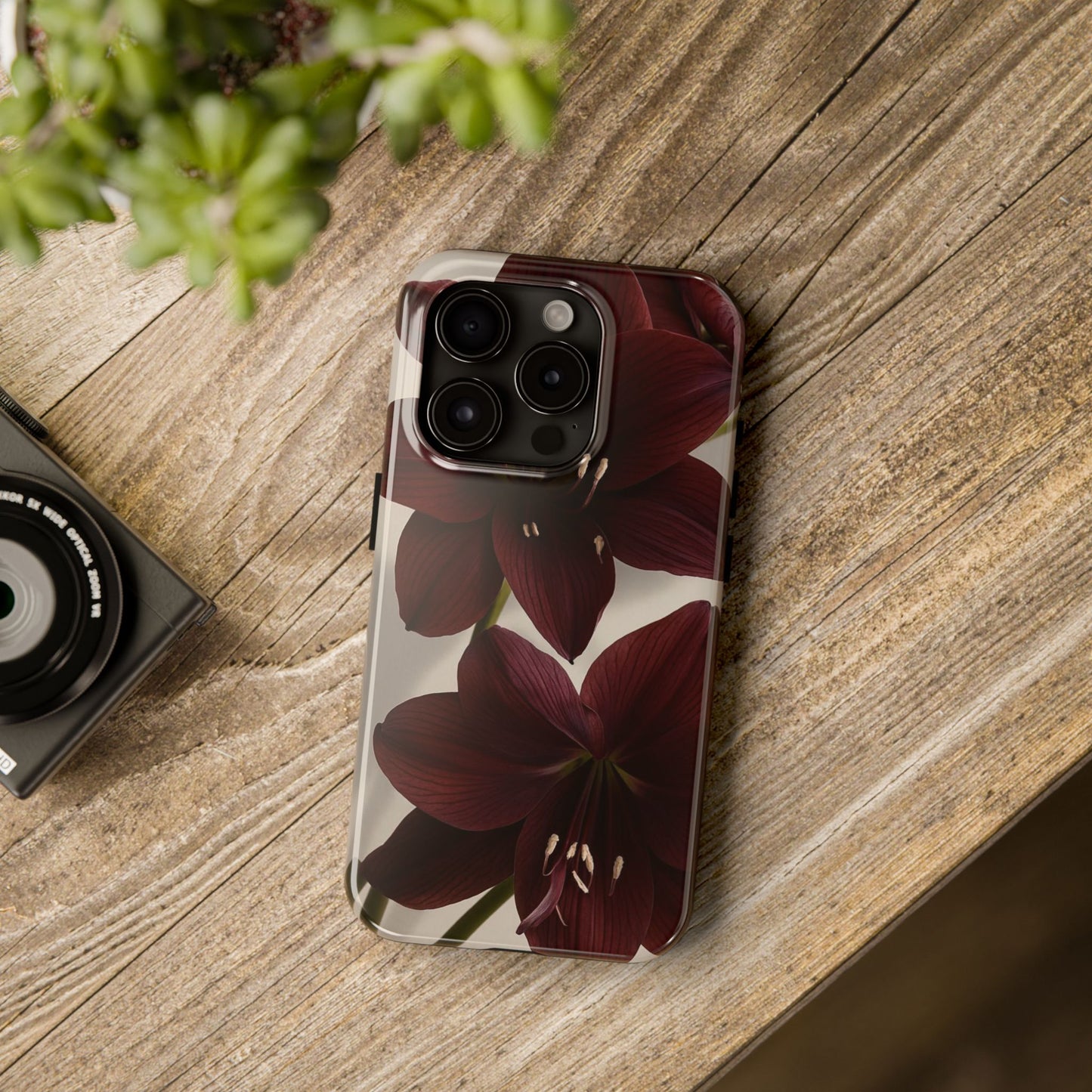 Amaryllis Noir Tough Phone Case — Dark Burgundy Floral Protective Cover