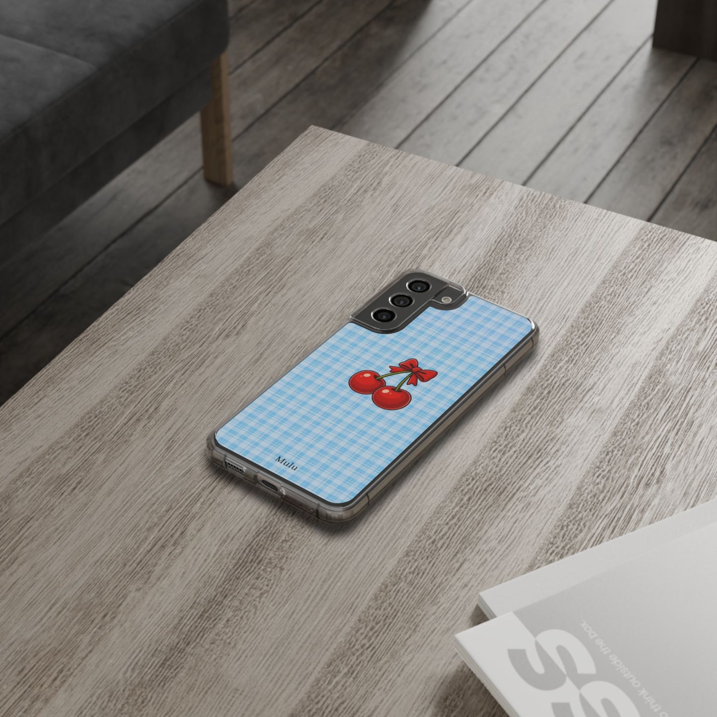 Clear Cherry Gingham Phone Case — Impact-Resistant Clear Case with Red Cherry Design