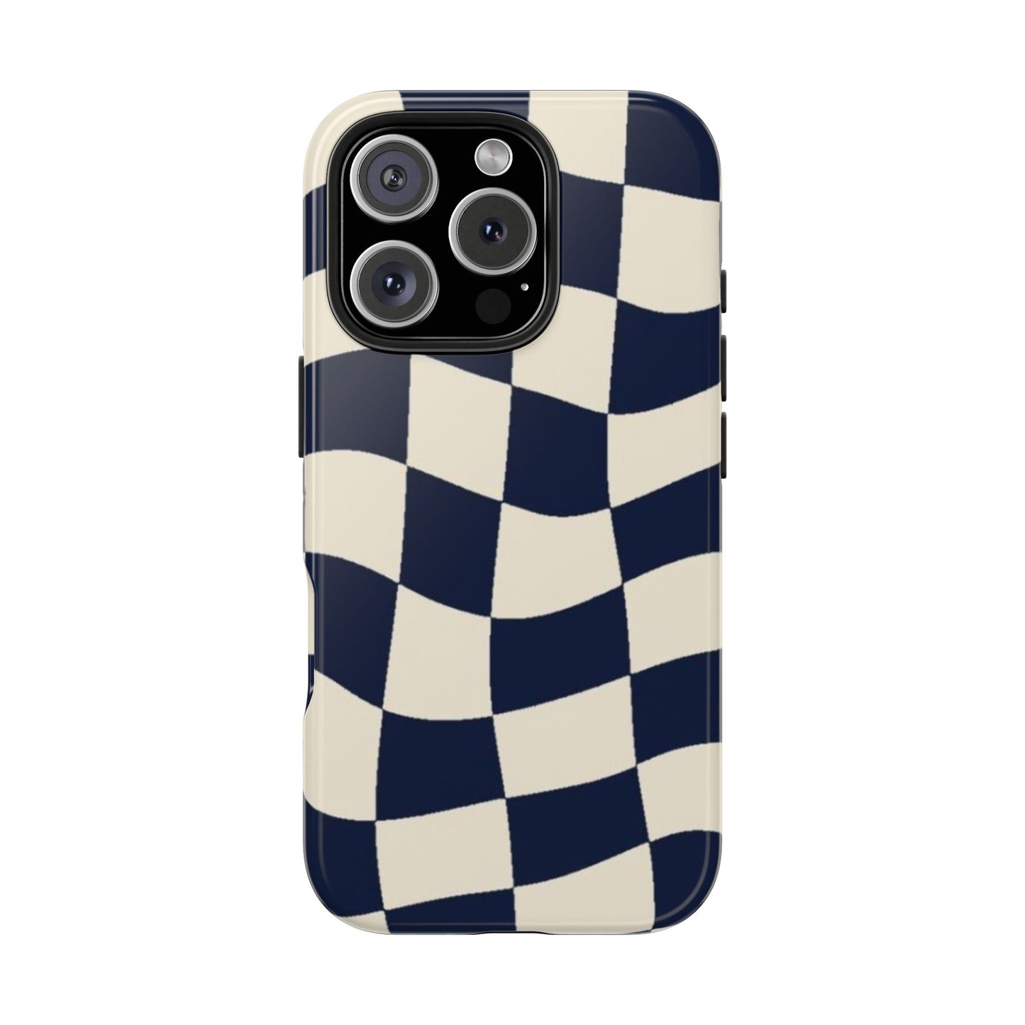 Wavy Checkerboard Tough Phone Case — Navy & Cream Protective Cover