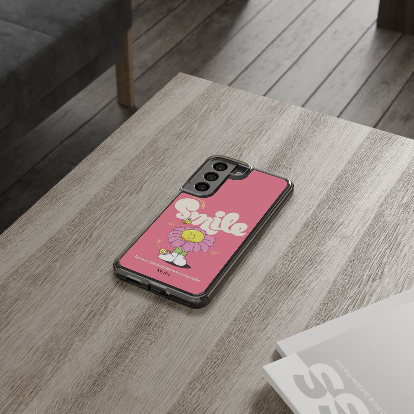 Clear Impact-Resistant Phone Case — Pink 'Smile' Flower Design