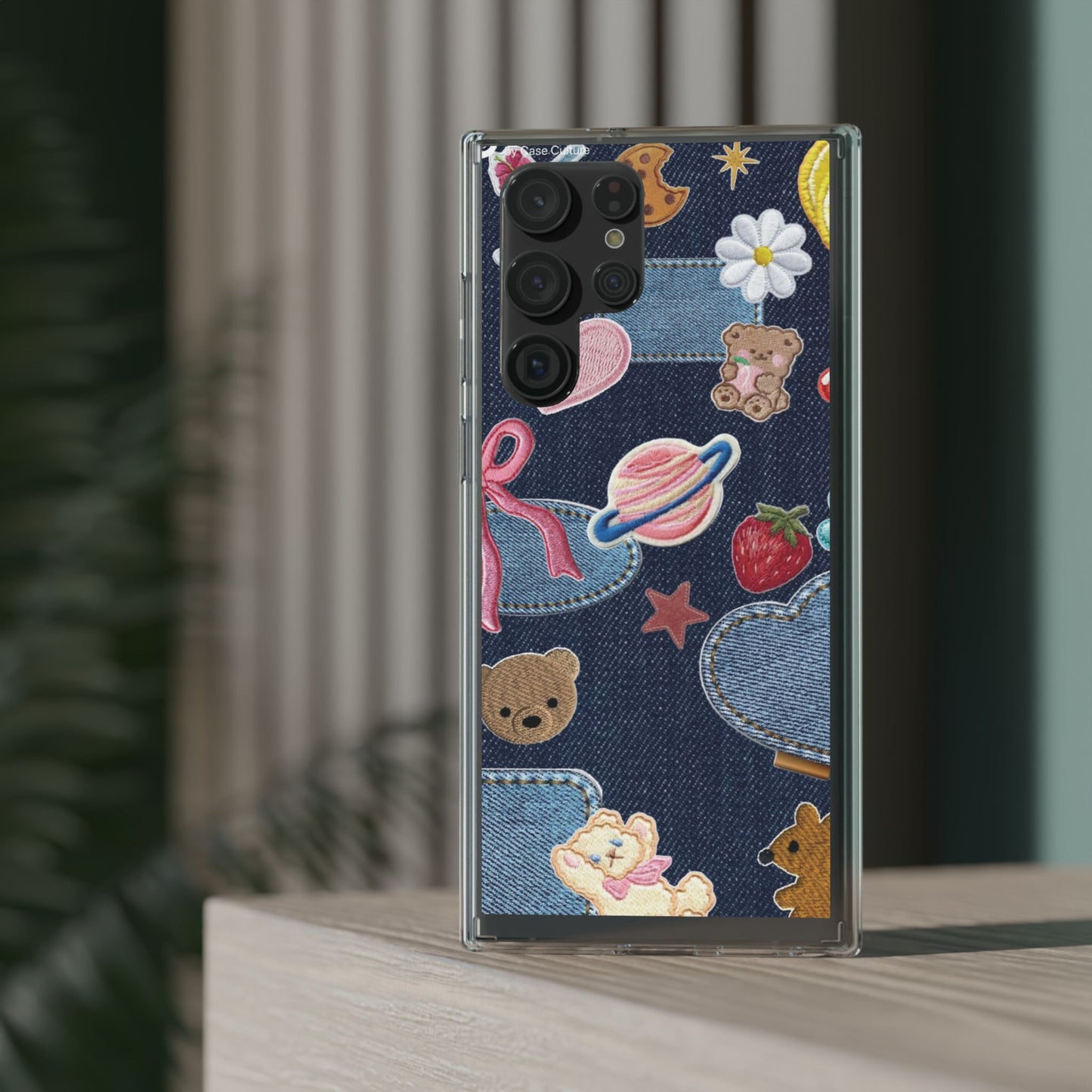 Clear Impact-Resistant Phone Case — Cute Denim Patch Collage (Teddy, Strawberry, Planet)