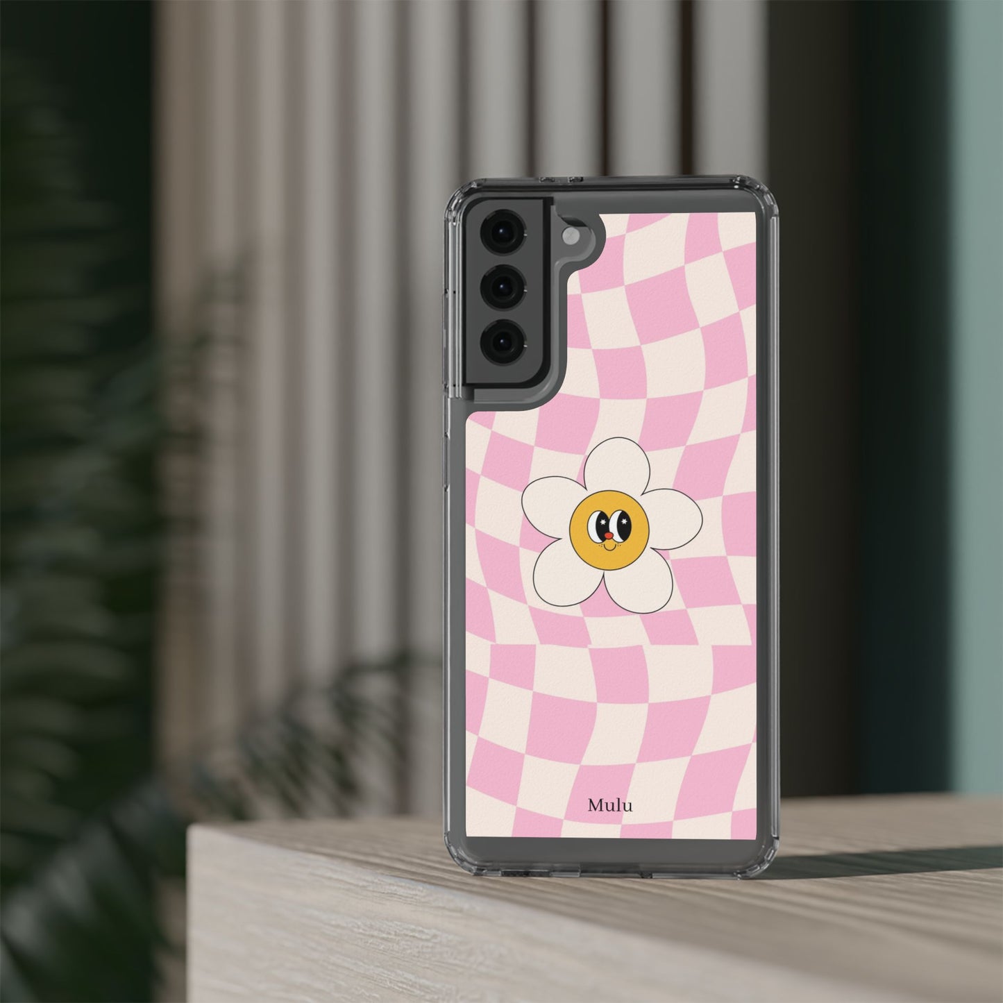 Clear Impact-Resistant Phone Case — Pink Checkerboard Daisy Design