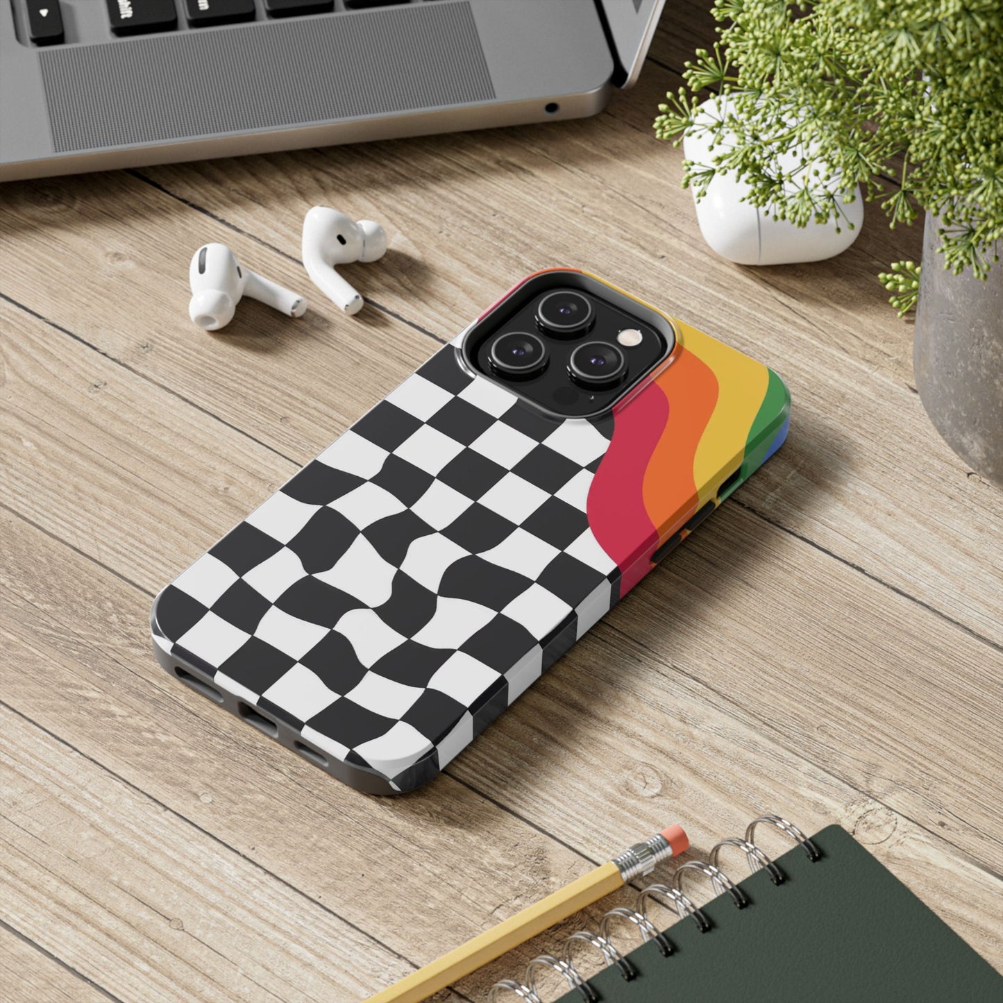 Retro Wavy Checkerboard Tough Phone Case — Rainbow Surf Skate Design