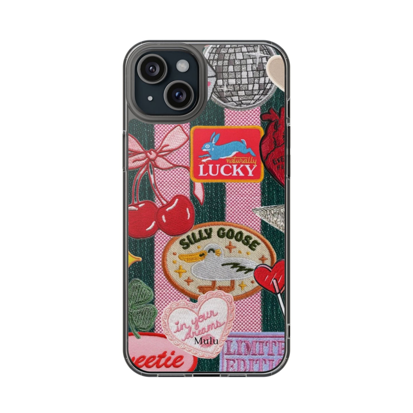 Clear Impact-Resistant Phone Case — Retro Patchwork Stickers (Lucky, Cherries, Silly Goose)