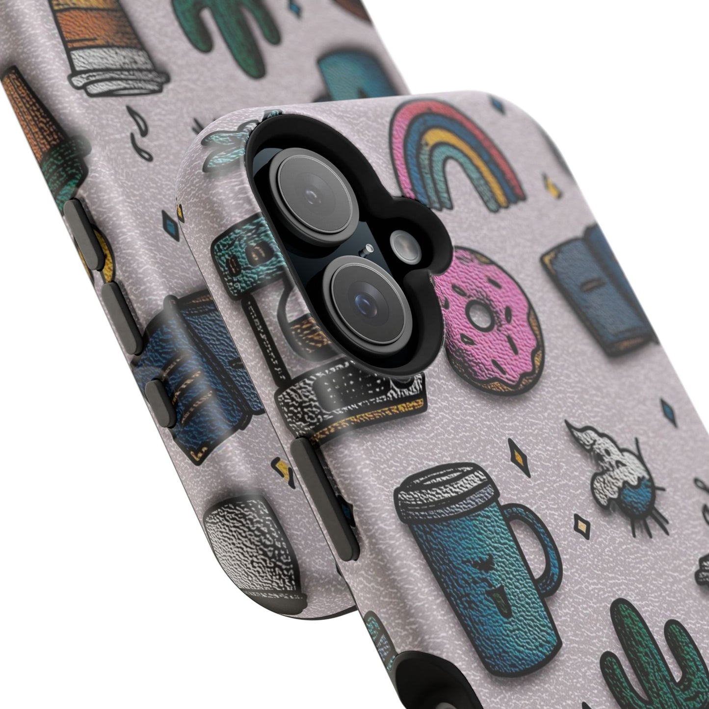 Cute Doodle Phone Case — Magnetic Impact-Resistant Design (coffee, rainbow, cactus)