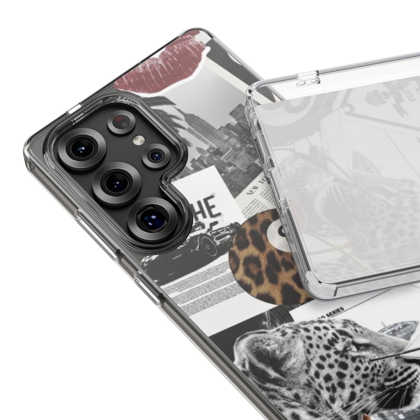Clear Impact-Resistant Phone Case — Collage Luxury Leopard & Vintage Car Design