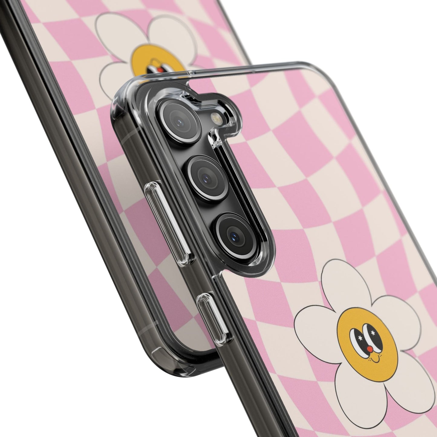 Clear Impact-Resistant Phone Case — Pink Checkerboard Daisy Design