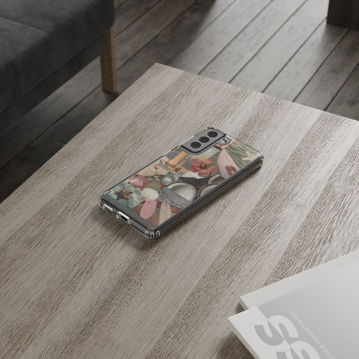 Clear Phone Case — Coastal Collage Shells & Surf Design