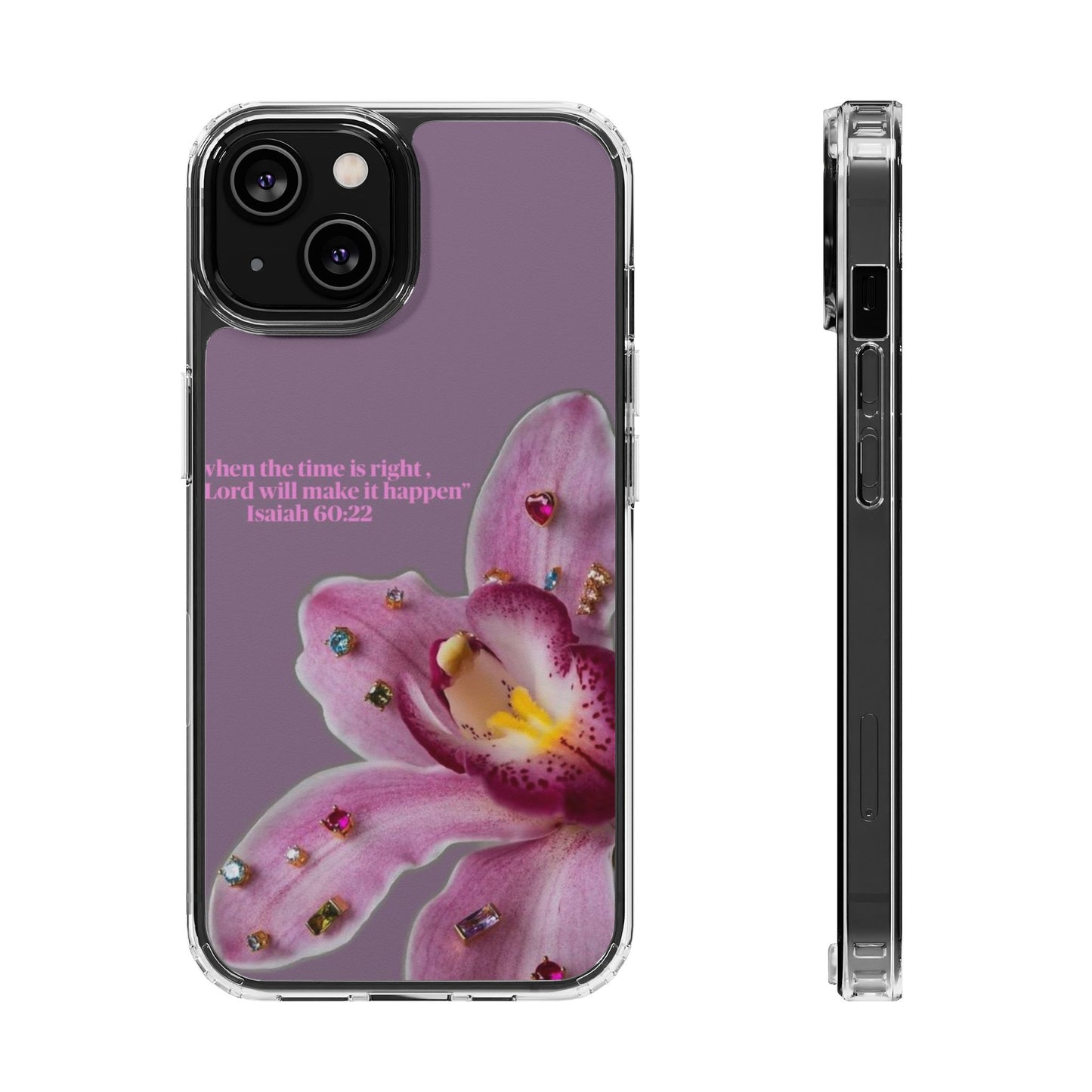 Clear Floral Impact-Resistant Phone Case — "When the time is right" Rose Orchid Design