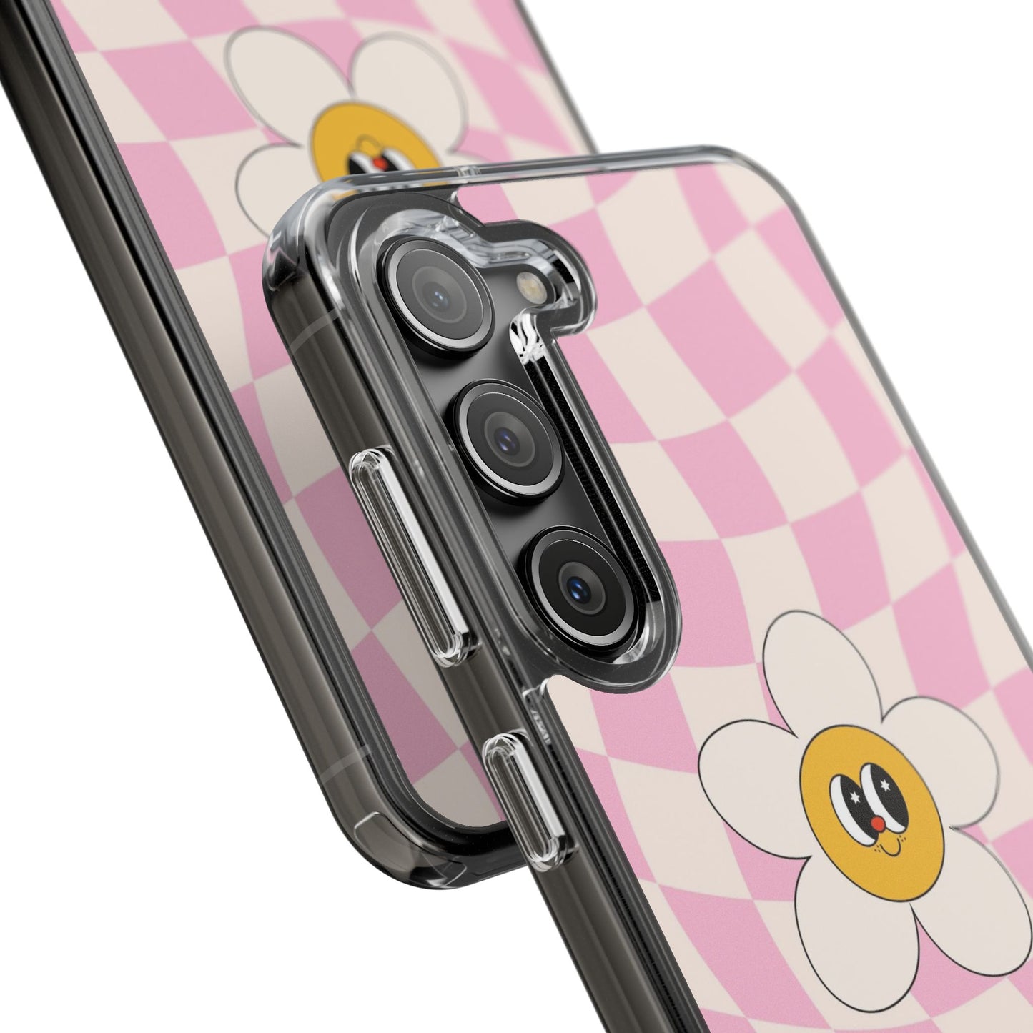 Clear Impact-Resistant Phone Case — Pink Checkerboard Daisy Design