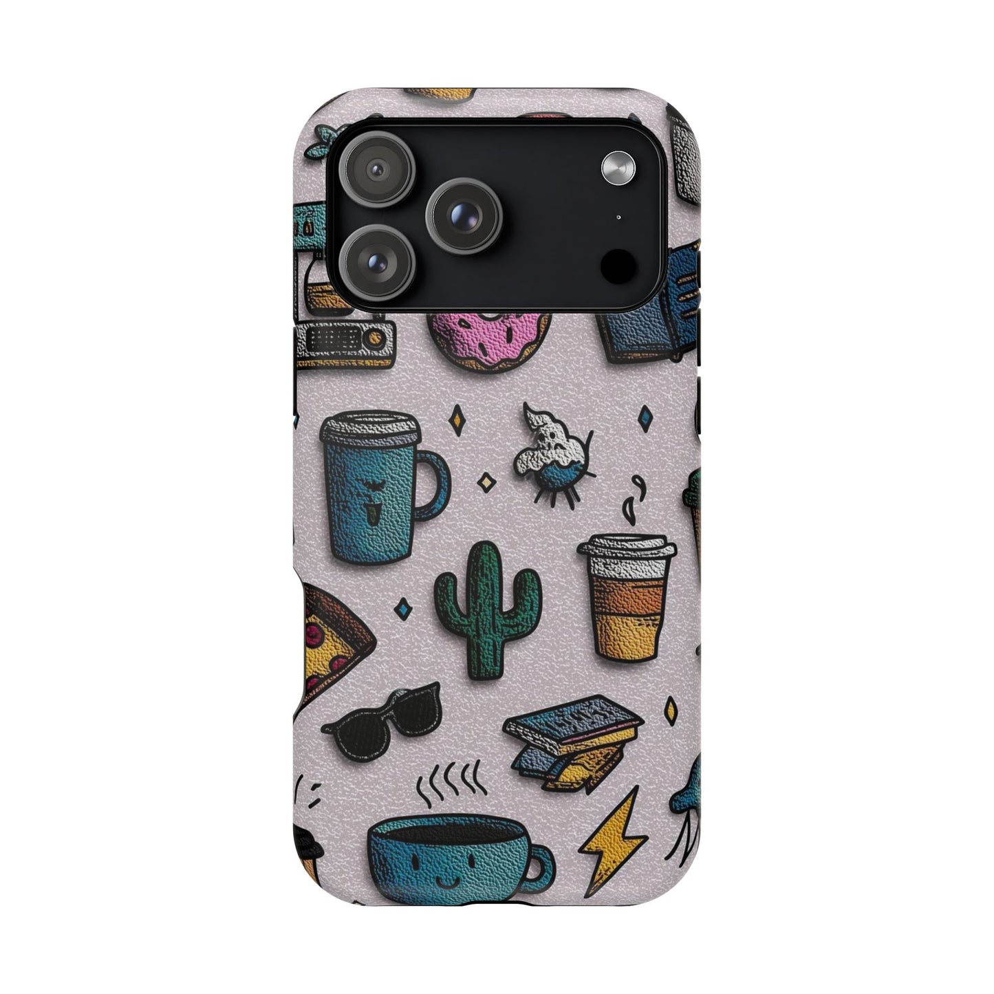 Cute Doodle Phone Case — Magnetic Impact-Resistant Design (coffee, rainbow, cactus)