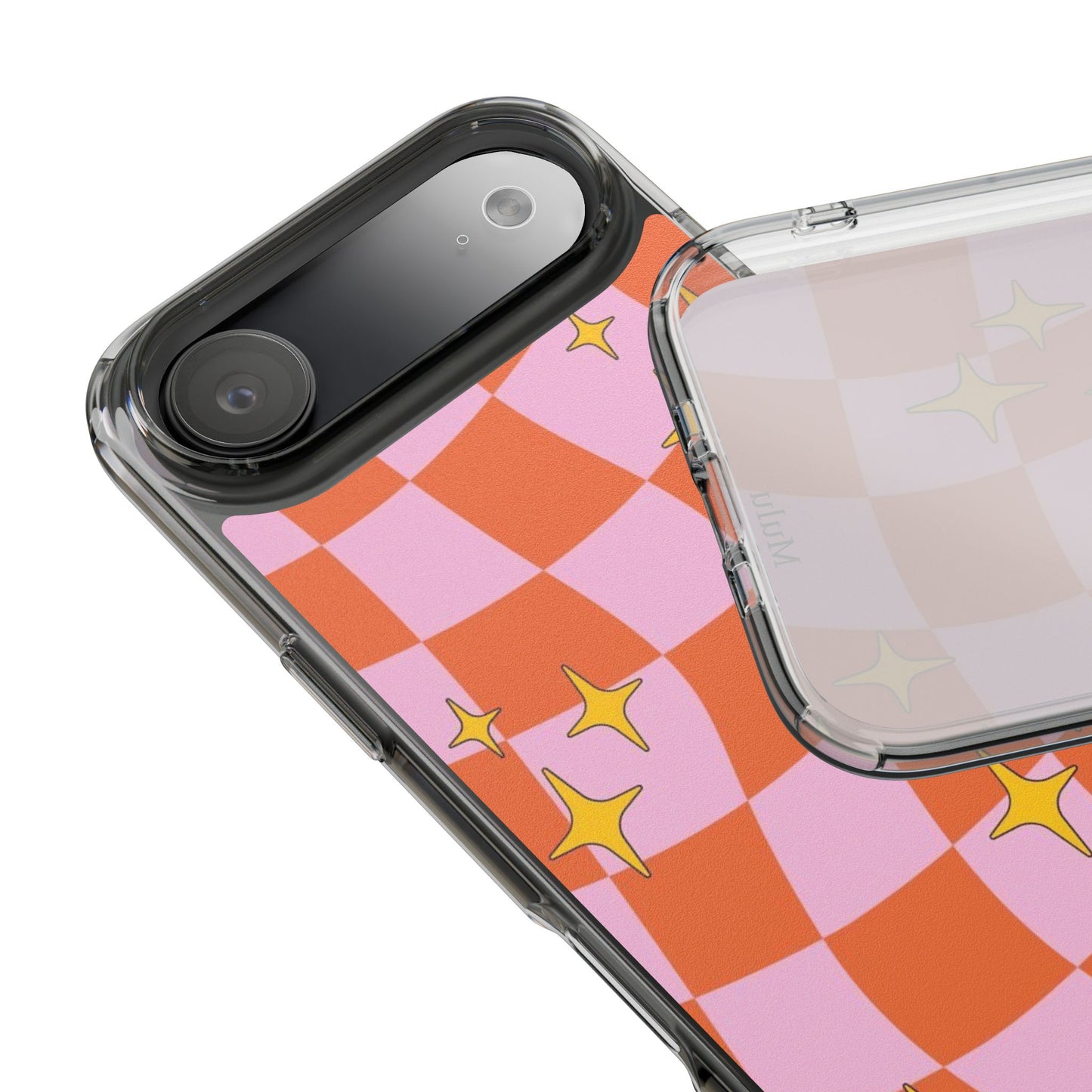 Clear Impact-Resistant Case — Retro Pink & Orange Checker with Sparkle Stars