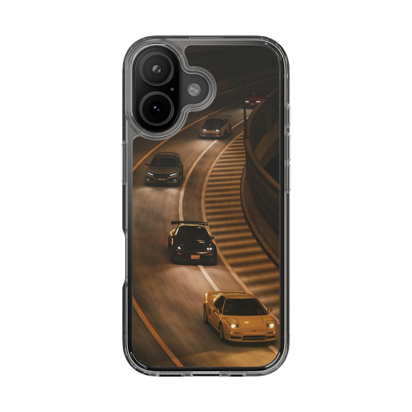 Racing Night Clear Phone Case – Sports Cars on Curved Highway