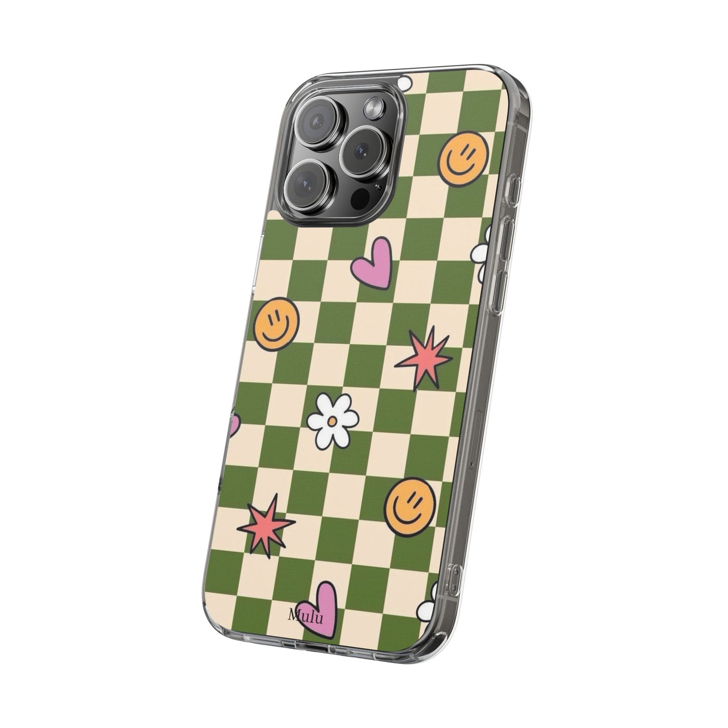 Clear Impact-Resistant Case — Retro Green Checkerboard with Smiley, Hearts & Flowers