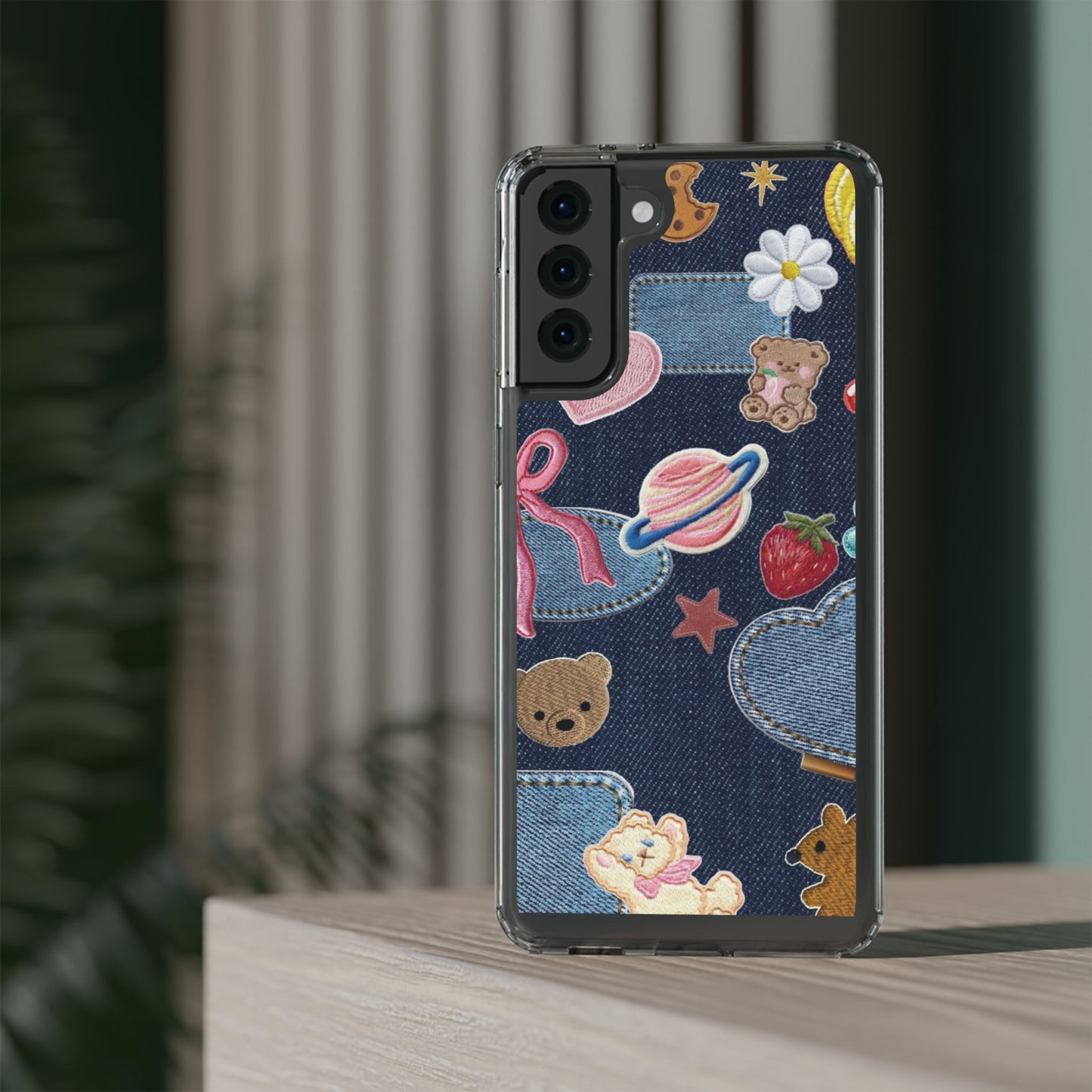 Clear Impact-Resistant Phone Case — Cute Denim Patch Collage (Teddy, Strawberry, Planet)