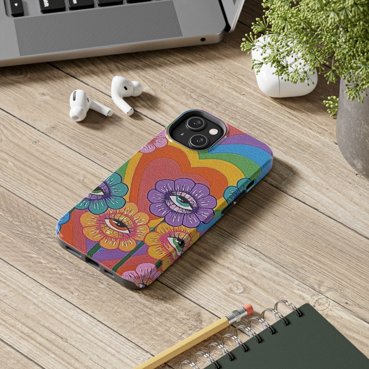 Psychedelic Eye Flower Tough Phone Case — Retro Rainbow Protective iPhone Cover