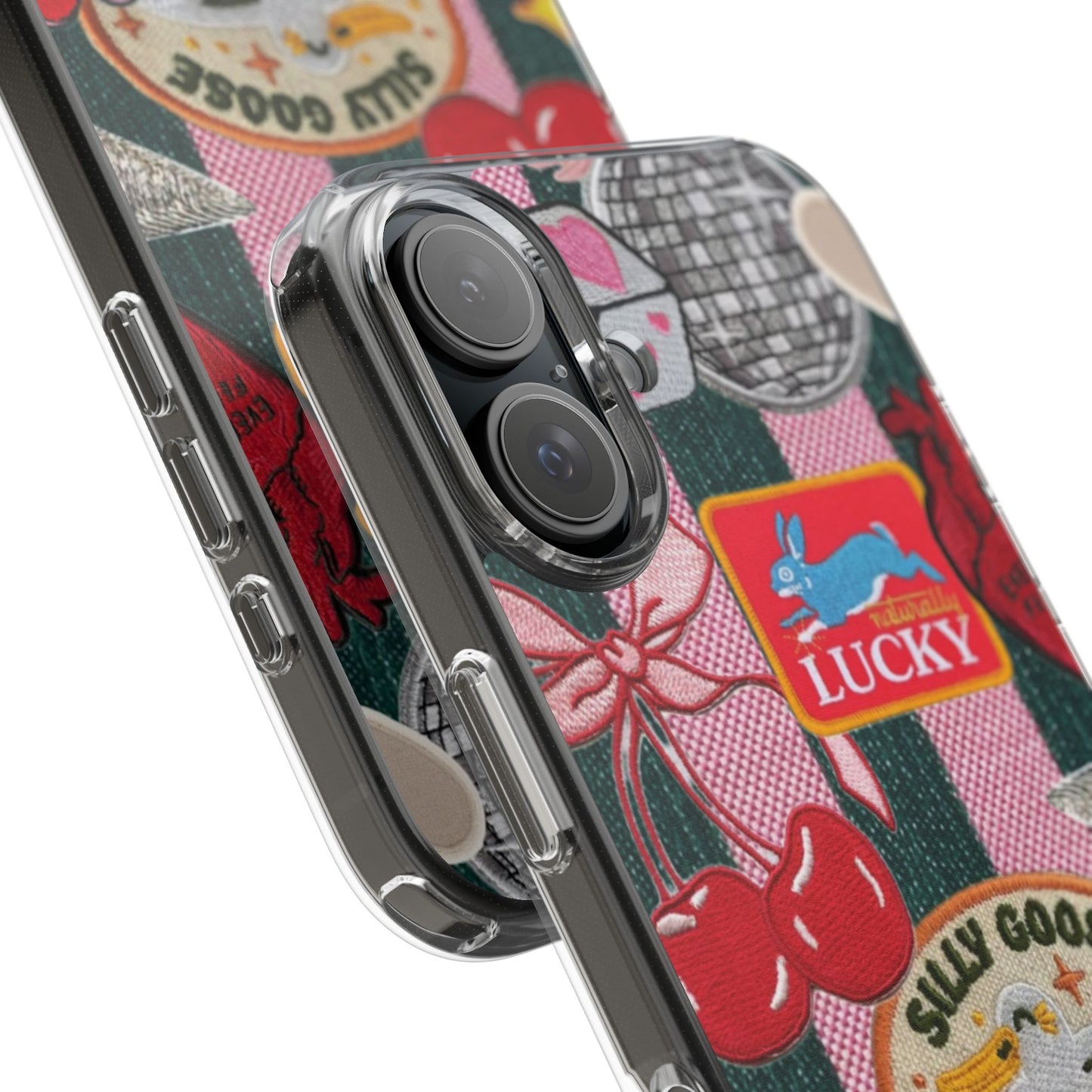 Clear Impact-Resistant Phone Case — Retro Patchwork Stickers (Lucky, Cherries, Silly Goose)