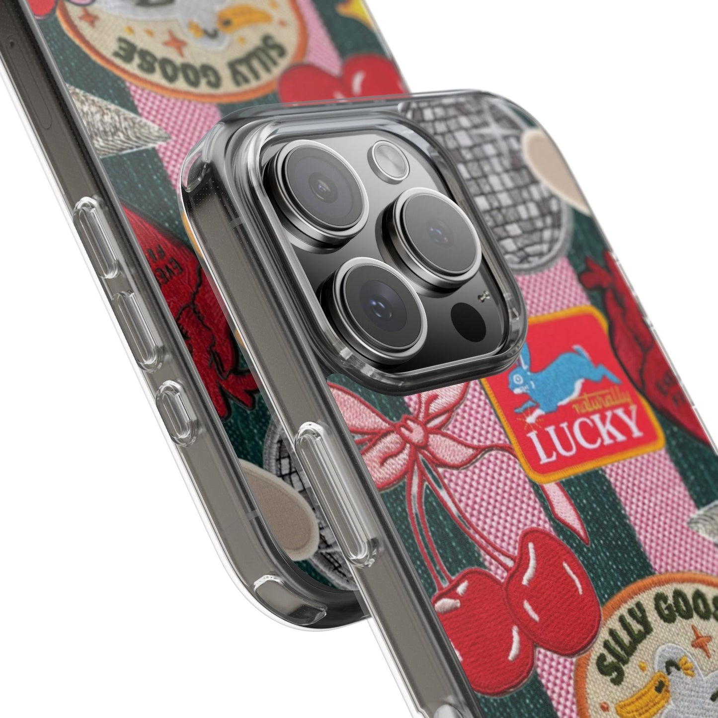 Clear Impact-Resistant Phone Case — Retro Patchwork Stickers (Lucky, Cherries, Silly Goose)