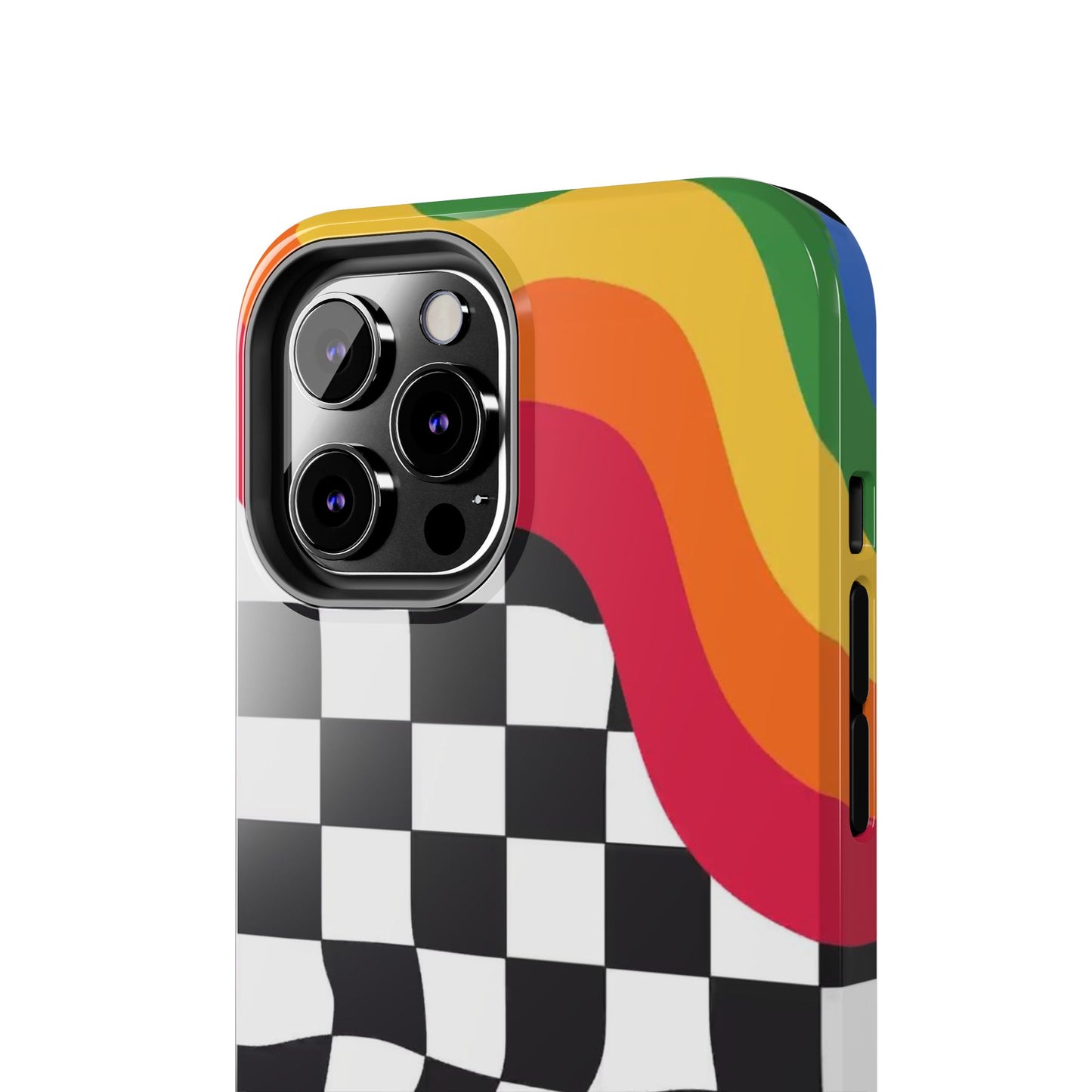 Retro Wavy Checkerboard Tough Phone Case — Rainbow Surf Skate Design