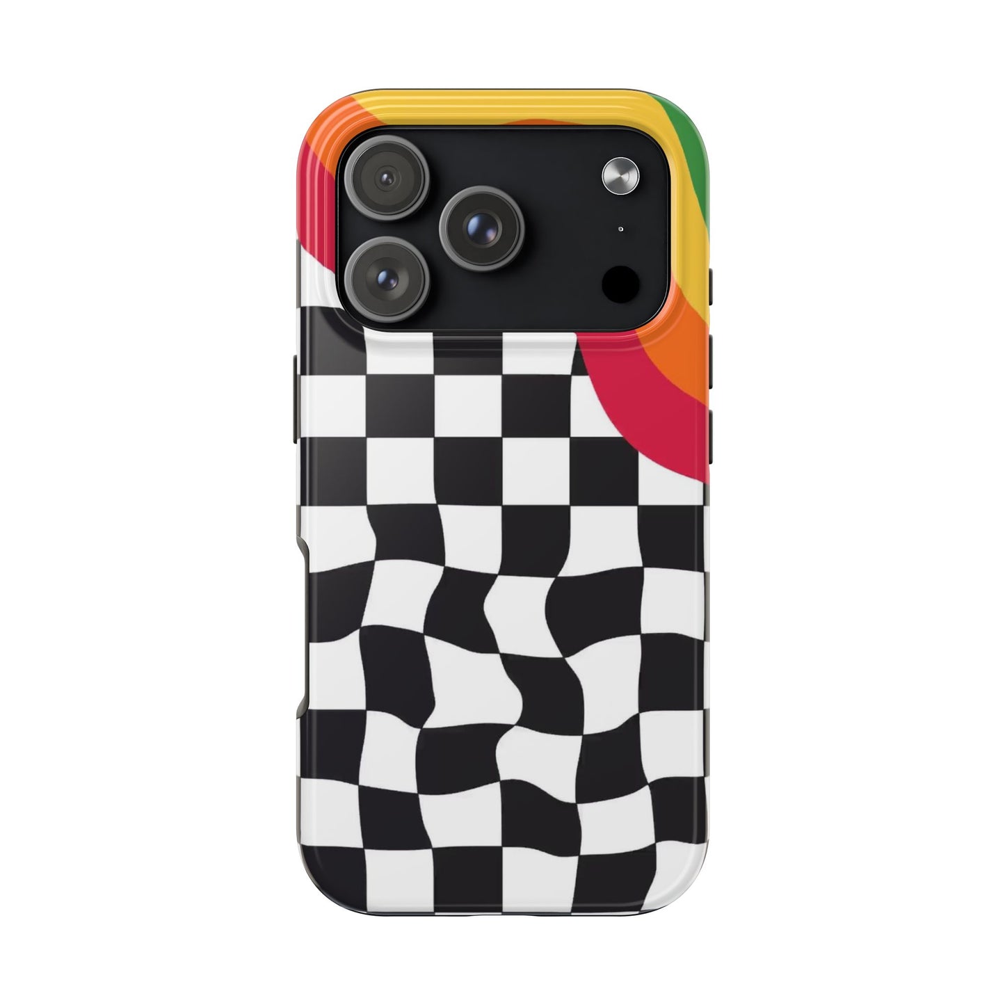 Retro Wavy Checkerboard Tough Phone Case — Rainbow Surf Skate Design