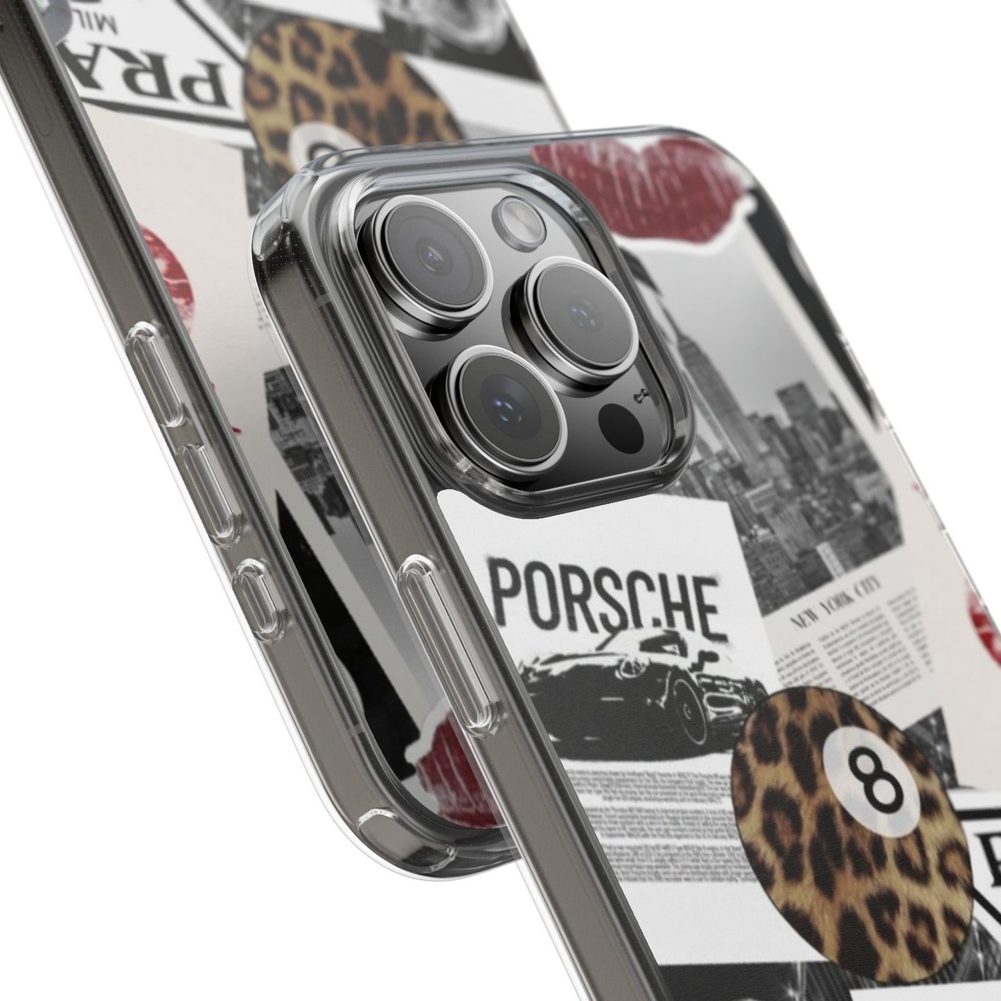 Clear Impact-Resistant Phone Case — Collage Luxury Leopard & Vintage Car Design