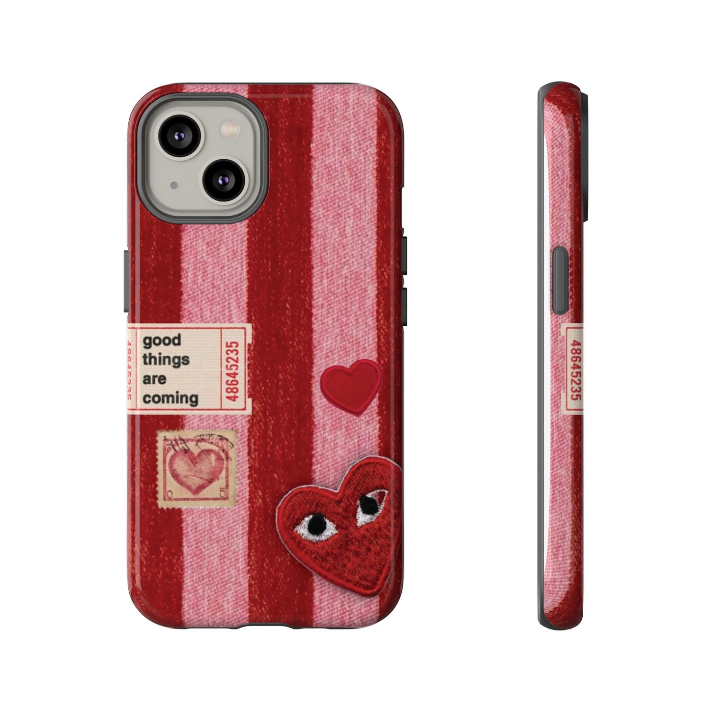 Phone Case — Red Striped Heart Design with “Good Things Are Coming”