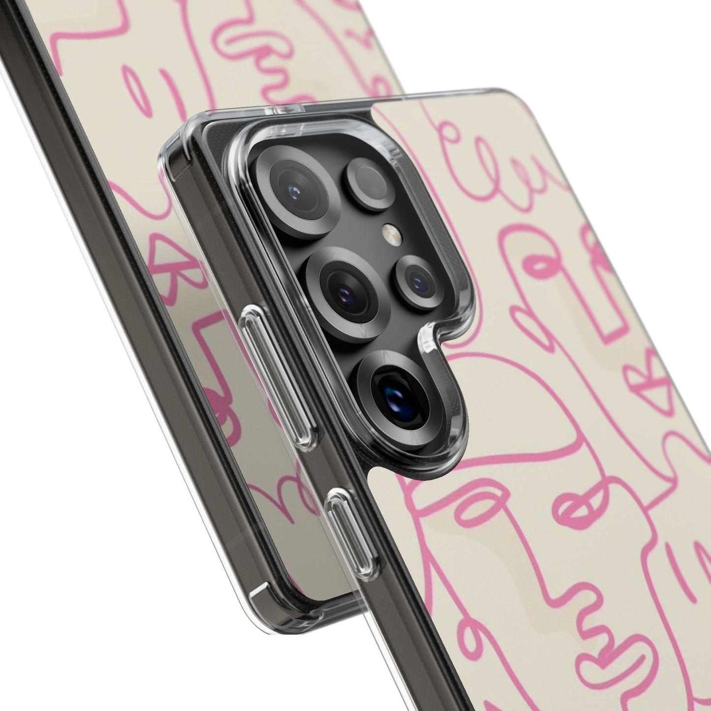 Clear Impact-Resistant Phone Case — Pink Minimalist Line Faces Design