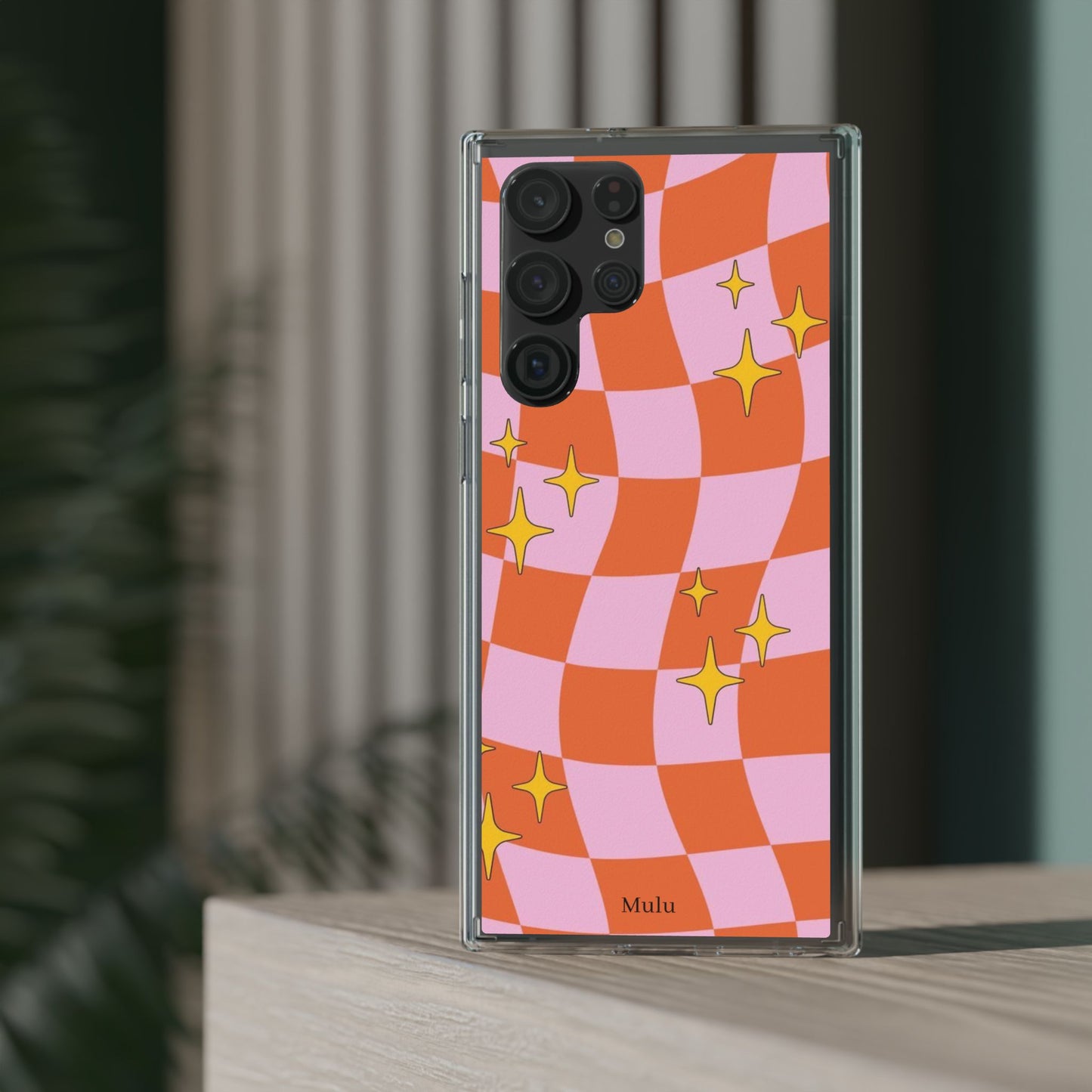Clear Impact-Resistant Case — Retro Pink & Orange Checker with Sparkle Stars
