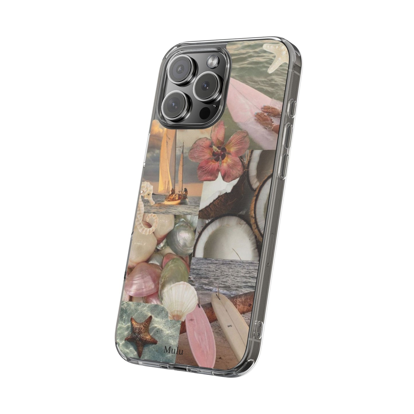 Clear Phone Case — Coastal Collage Shells & Surf Design