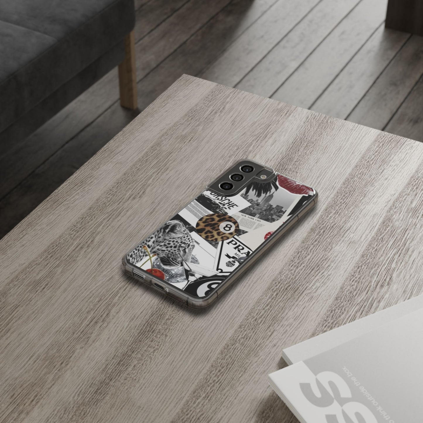 Clear Impact-Resistant Phone Case — Collage Luxury Leopard & Vintage Car Design