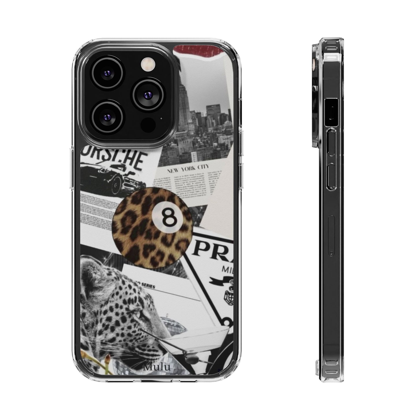 Clear Impact-Resistant Phone Case — Collage Luxury Leopard & Vintage Car Design