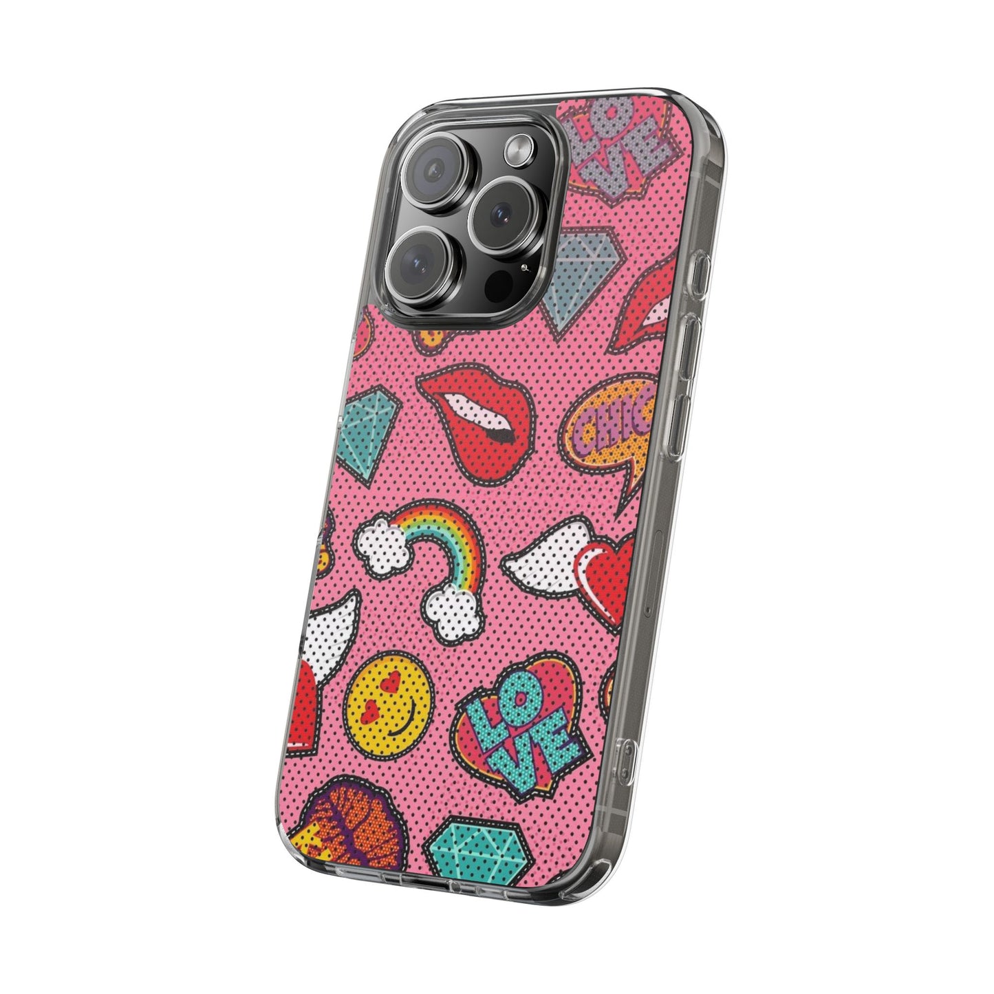 Clear Impact-Resistant Phone Case — Pink Pop Sticker Pattern (Hearts, Rainbows, Smileys)