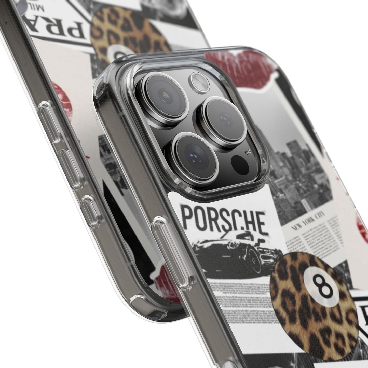 Clear Impact-Resistant Phone Case — Collage Luxury Leopard & Vintage Car Design