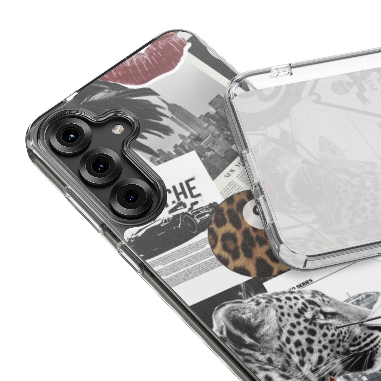 Clear Impact-Resistant Phone Case — Collage Luxury Leopard & Vintage Car Design