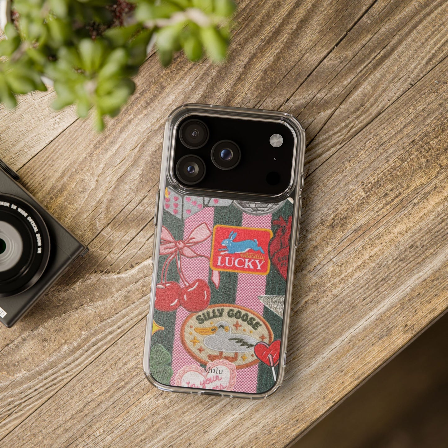 Clear Impact-Resistant Phone Case — Retro Patchwork Stickers (Lucky, Cherries, Silly Goose)