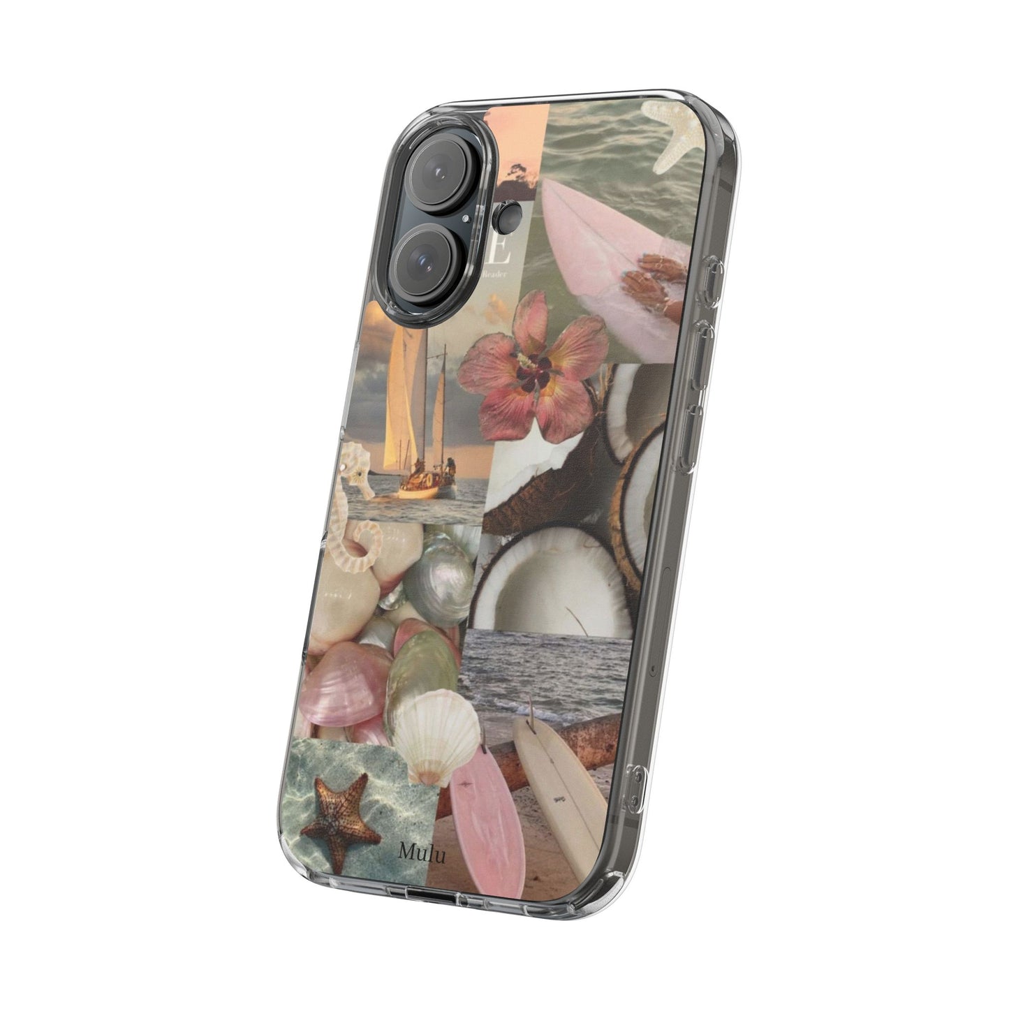 Clear Phone Case — Coastal Collage Shells & Surf Design